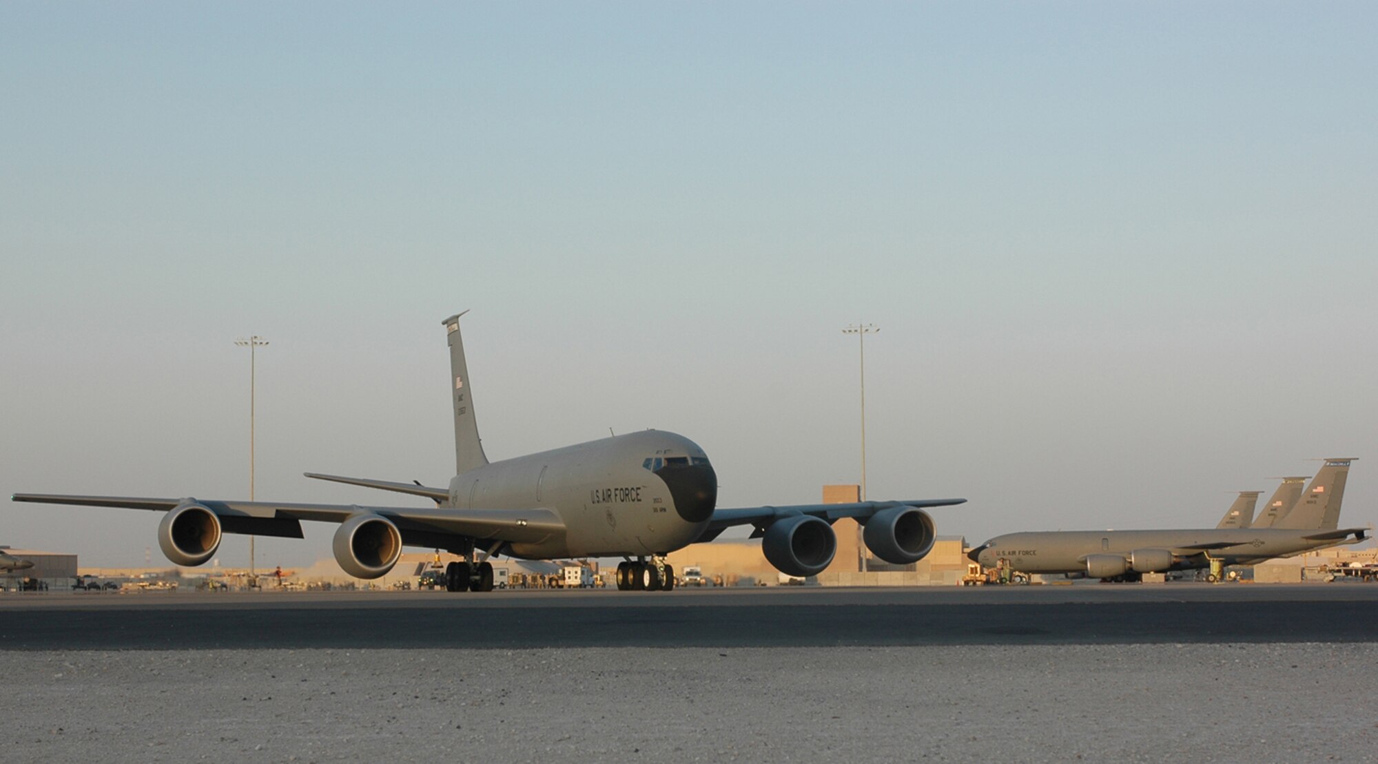 A KC-135 Stratotanker with the 340th Expeditionary Air Refueling Squadron prepares for another mission as it taxis out to the runway at a base in Southwest Asia.  Coalition tankers flew 48 sorties and refueled 193 aircraft July 17 supporting operations Enduring Freedom and Iraqi Freedom. (U.S. Air Force photo/Senior Airman Clark Staehle)
