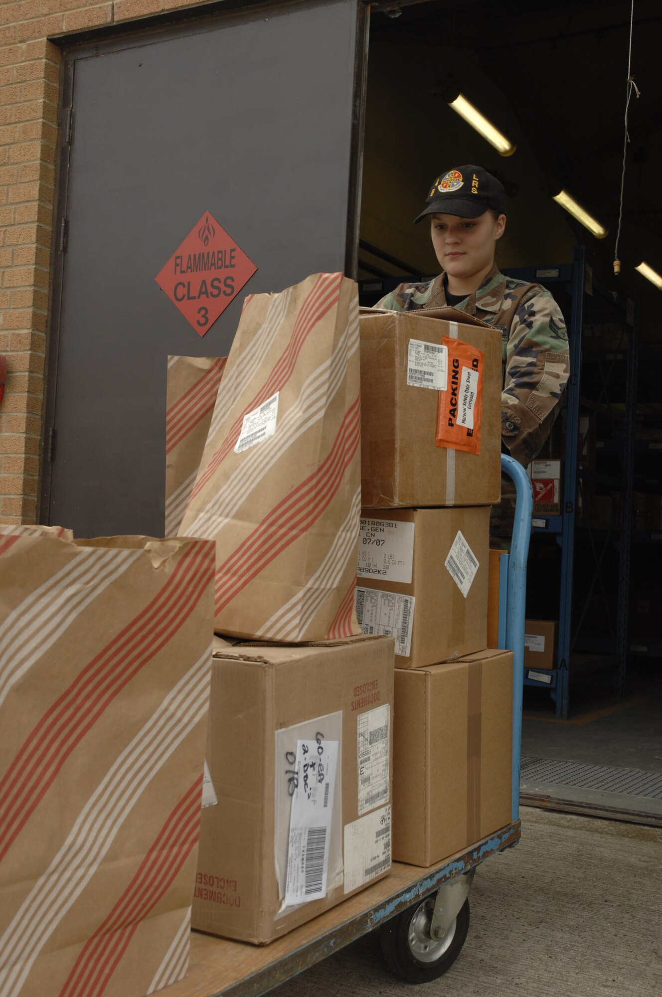 Airman 1st Class Leila Masters, Material Management flight, 48th Logistics Readiness Squadron, pulls hazardous material from shelves located in one of the seven warehouse that is then given to deliverers that will then provide shops across the base much needed supplies. (U.S. Air Force photo by Airman 1st Class Jessica Snow)
