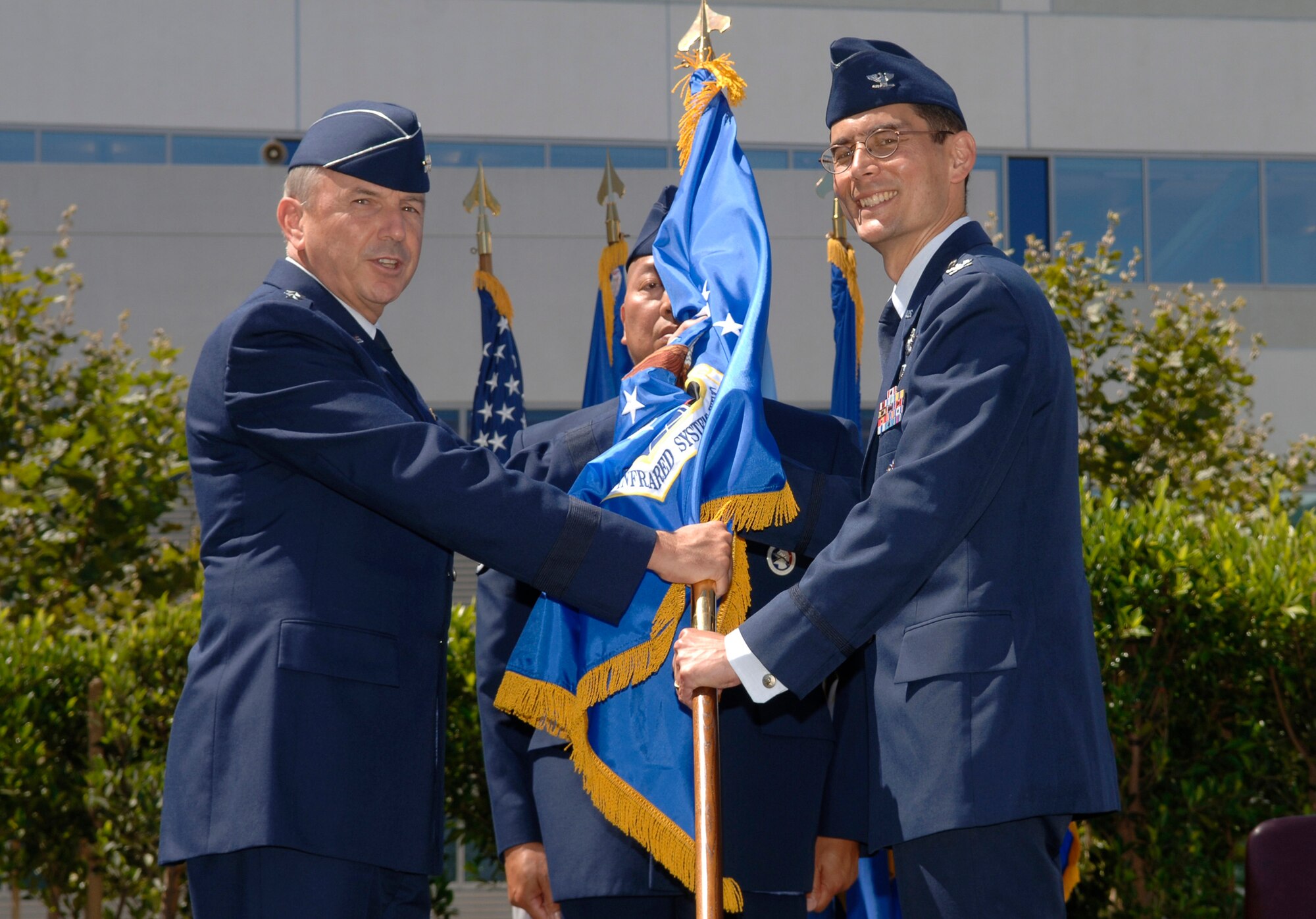 Colonel John Amrine assumes command of SMC’s Space Based Infrared Systems Wing, July 19. The coloenl has been the vice commander of the SBIRS Wing since May 2006.  Prior to this current assignment, he was the Commander, Undersecretary of the Air Force (Space) Operations Group at Buckley AFB, Colo. (Photo by Paul Testerman)