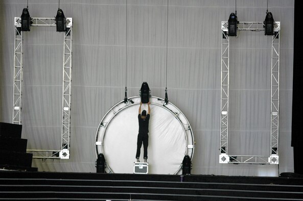 A contract worker works on building the stage and backdrop in a hangar on McChord Air Force Base, Wash., July 20 as part of set-up operations for Air Mobility Rodeo 2007. Air Mobility Command's Rodeo is a readiness competition of U.S. and international mobility air forces.  It focuses on improving warfighting capabilities and support of the Global War on Terrorism.  (U.S. Air Force Photo/Tech. Sgt. Scott T. Sturkol)