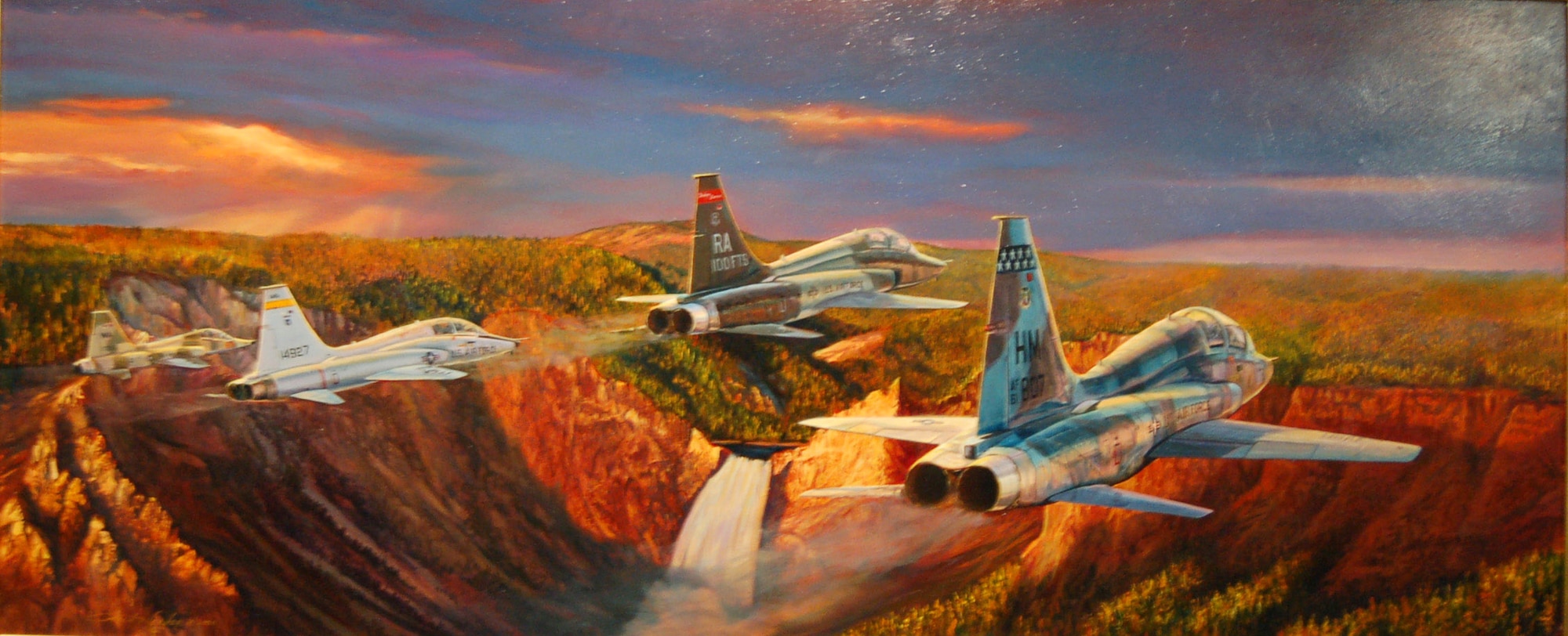 "Tails of a Pilot Maker" depicts a T-38 Talon. The T-38 is the Air Force's only supersonic trainer aircraft and on display at the University of Texas at San Antonio's Institute of Texan Cultures. (Air Force Art Program painting/Rick Herter)