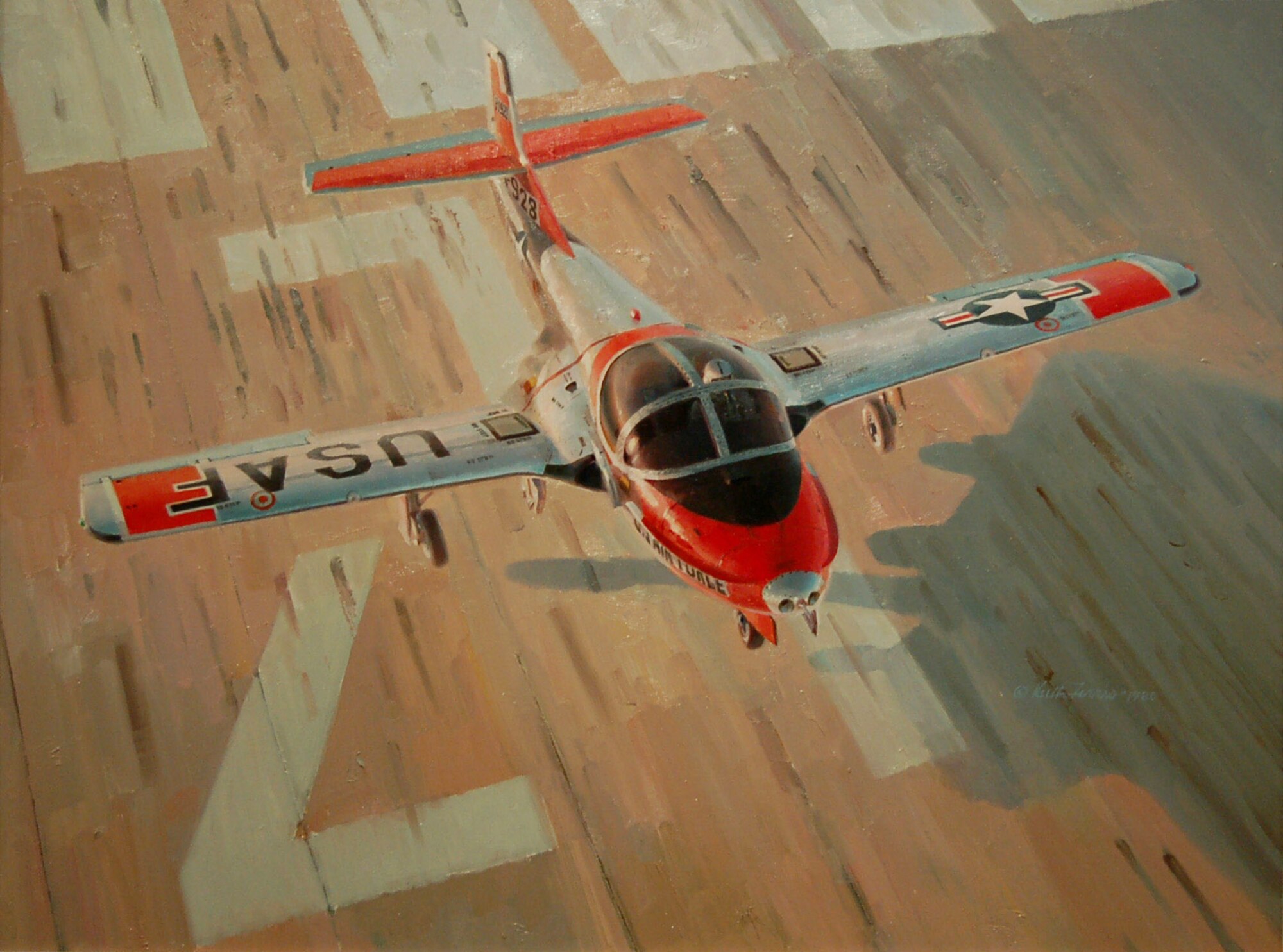 "Solo Student over the Numbers" is a portrait of a pilot in training performing a landing after flying his first solo mission. The T-37 aircraft filled the Air Force's need for a jet trainer and entered service in 1957. (Air Force Art Program painting/Keith Ferris) 
