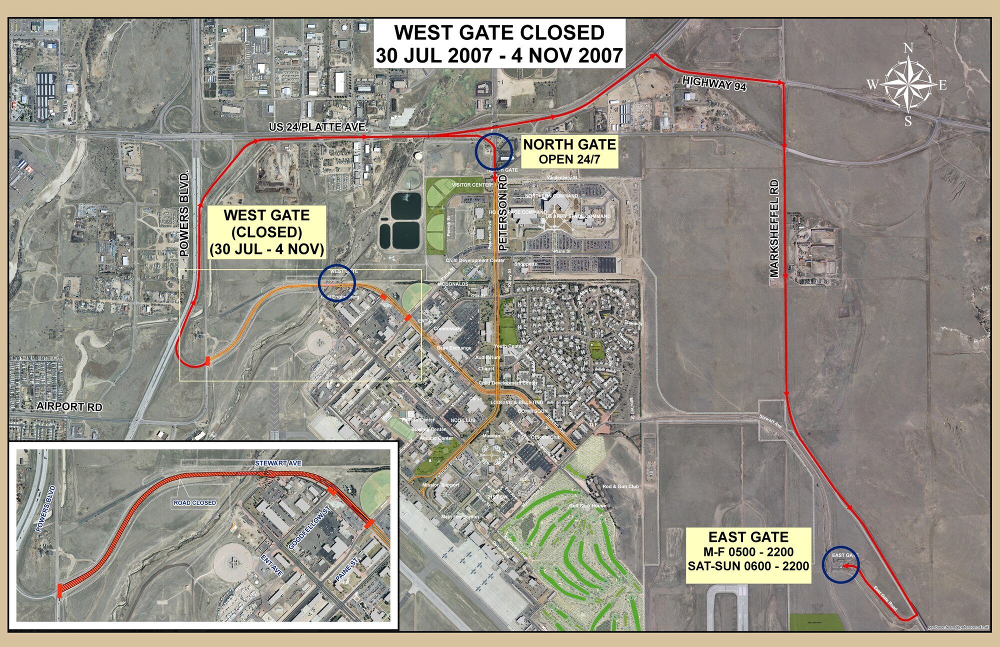 A map shows the alternate route during the West Gate closure. The West Gate is closed July 30 to Nov. 1 for construction.  (U.S. Air Force graphic)