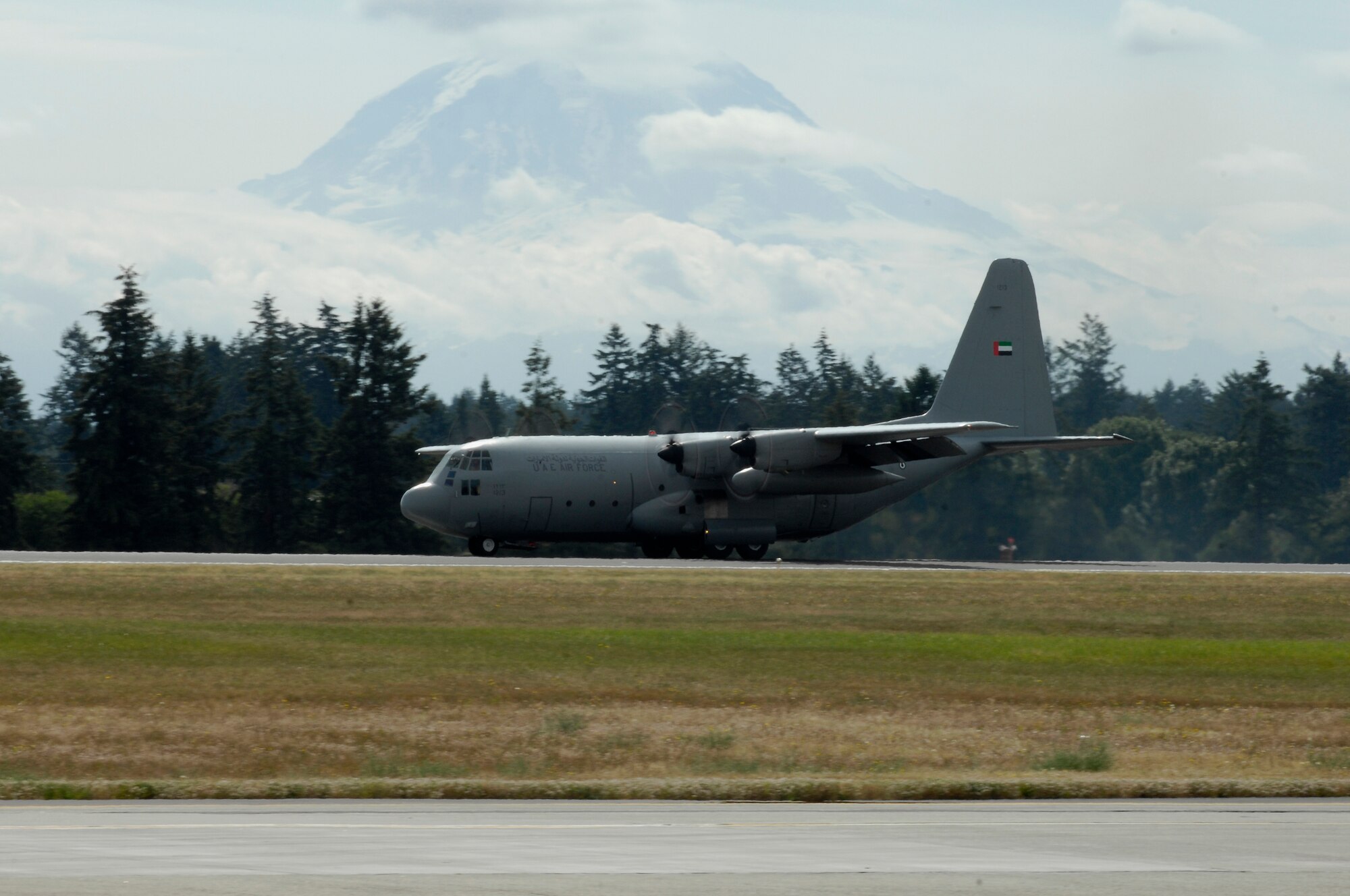 A United Arab Emrites Air Force C-130 arrives at McChord Air Force Base, Wash., in preparation for Air Mobility Rodeo 2007 July 16. Rodeo 2007, hosted by Air Mobility Command, is a readiness competition of U.S. and international mobility air forces.  It focuses on improving warfighting capabilities and support of the Global War on Terrorism. (U.S. Air Force Photo/Airman Jonathan Olds)