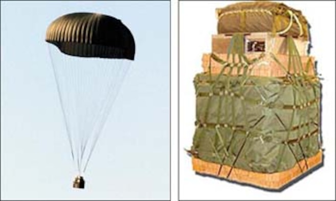 On the left is JPADS equipped cargo payload during descent. On the right is a close-up of the payload. (Photos provided by Army Natick Soldier Center)