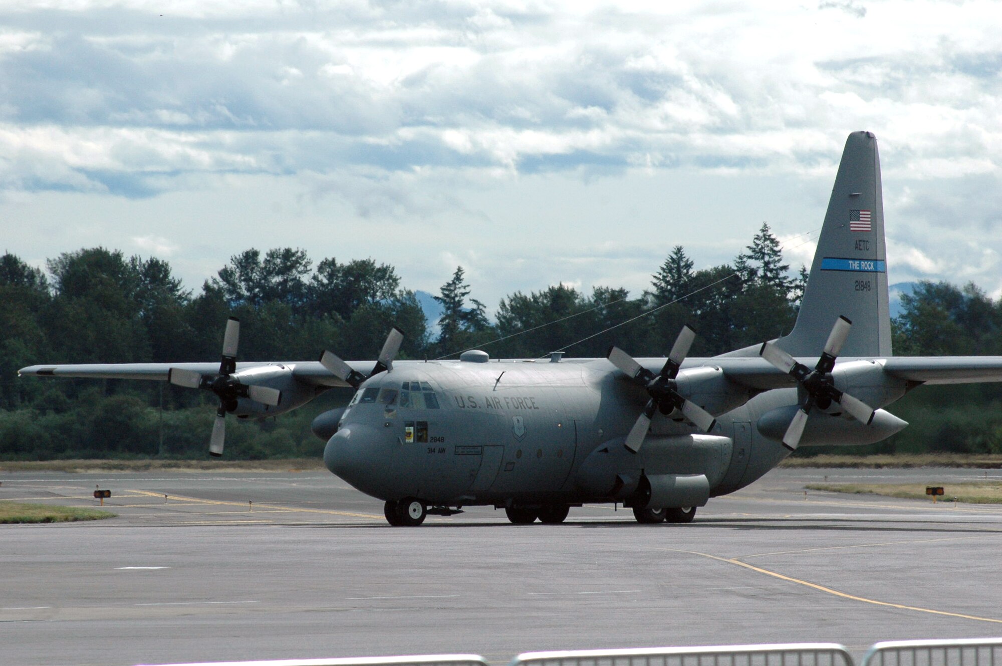 A C-130 Hercules from the 314th Airlift Wing, Little Rock Air Force Base, Ark., taxis to a parking area at McChord Air Force Base, Wash., during operations for Air Mobility Rodeo 2007, July 21.  Rodeo, sponsored by Air Mobility Command, is a readiness competition for U.S. and international mobility air forces. This competition focuses on improving world-wide mobility forces' professional core abilities. More than 40 teams and 2,500 people from the Air Force, and Air Force Reserve, as well as allied nations, are expected to participate. (U.S. Air Force Photo/Tech. Sgt. Scott T. Sturkol)
