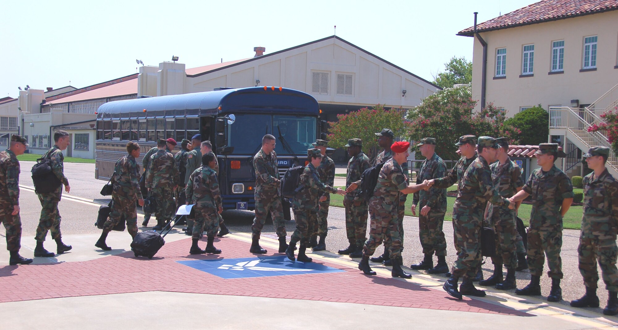 Senior enlisted leaders arrive at Maxwell Air Force Base, Ala., July 21 with Chief Master Sgt. of the Air Force Rodney J. McKinley for the start of the 2007 Senior Enlisted Leader Summit at nearby Gunter Annex, Ala. "We're eager to begin the summit," Chief McKinley said.  "The Air Force is currently capitalizing on many opportunities and faces several challenges the senior enlisted leaders gathering here are uniquely qualified to address.  I'm looking forward to the information, dialogue and ideas we'll be sharing."  As a cost-saving measure, the Office of the CMSAF arranged for military air, a Navy C-9, to transport senior enlisted leaders from the National Capitol Region to the summit.  The summit kicks off July 22 with a day of physical and athletic conditioning and runs until July 27. (U.S. Air Force photo/Tech. Sgt. James Law)
