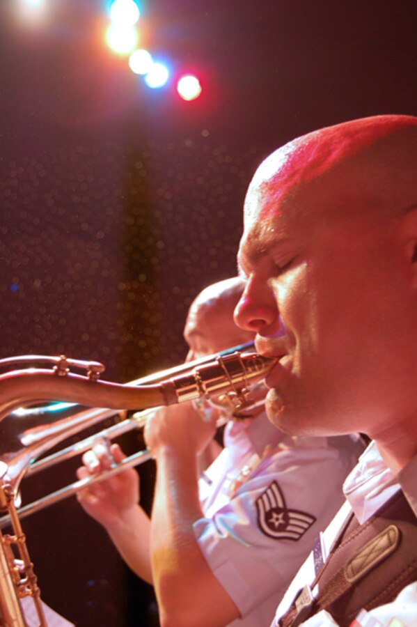 TSgt Jeff Saunders plays alto,  tenor and baritone saxophones in the USAFE Band's  Check Six, Marching Band and Concert Band.