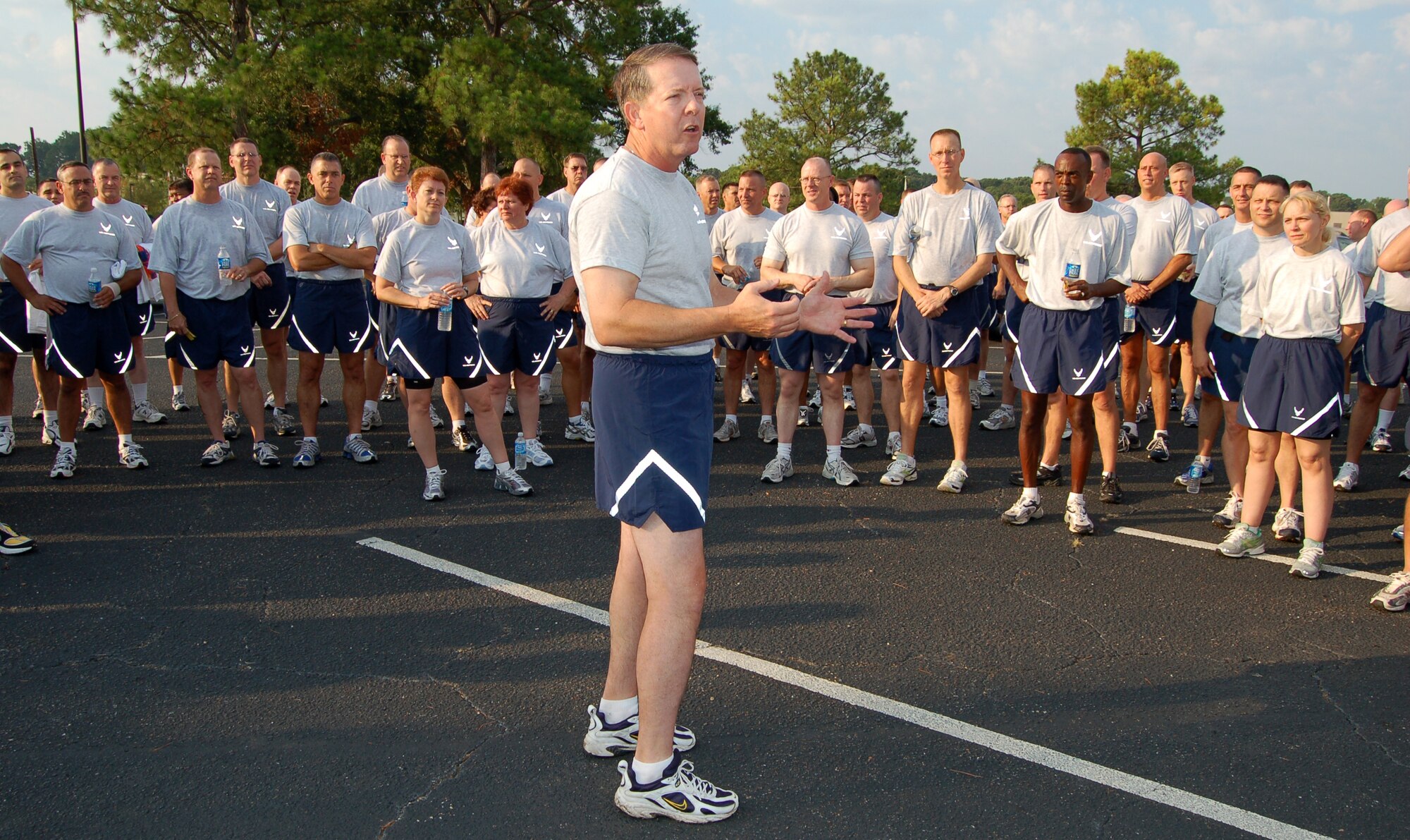 Chief Master Sgt. of the Air Force Rodney J. McKinley addresses senior enlisted leaders July 22 following a fitness run that kicked off the Senior Enlisted Leader Summit at Maxwell Air Force Base's Gunter Annex, Ala. (U.S. Air Force photo/Master Sgt. Lee Roberts)