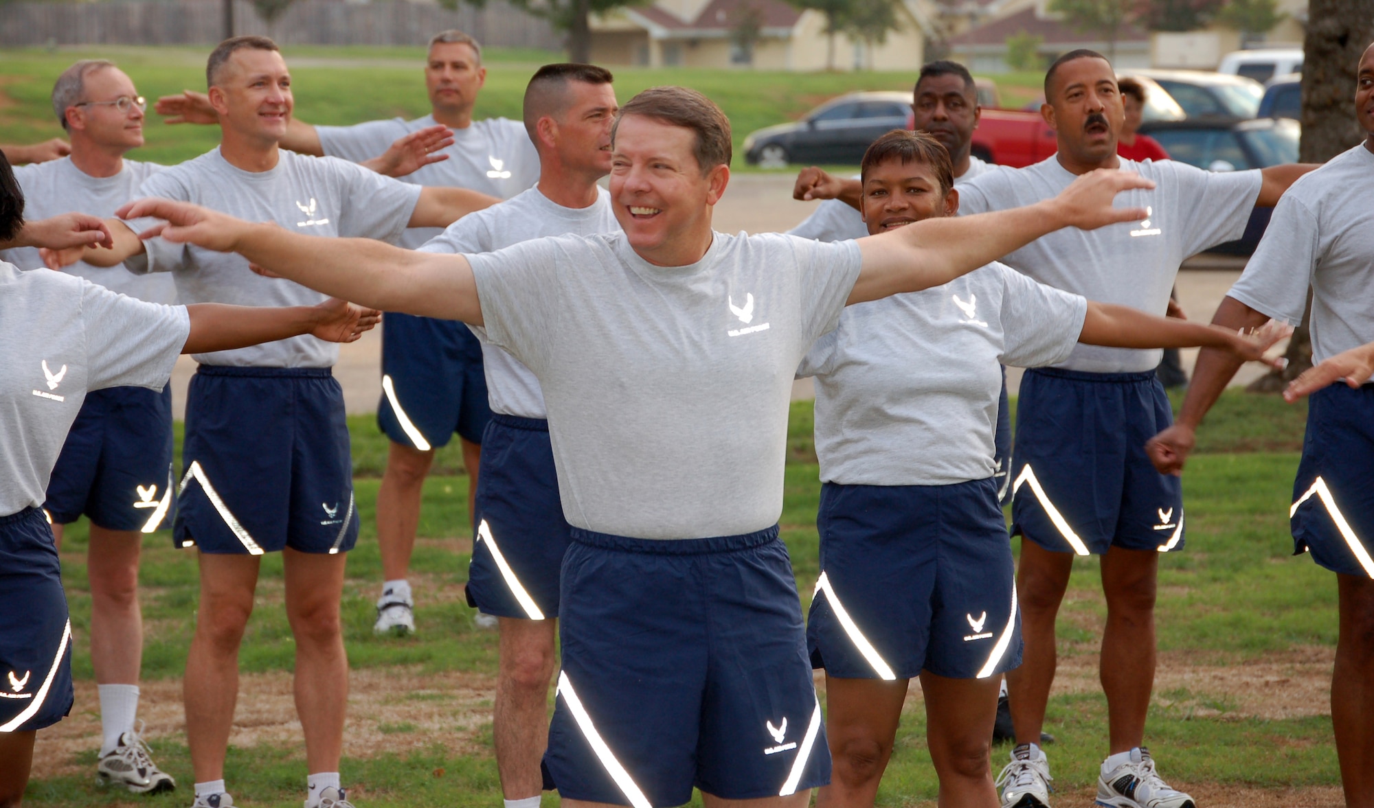 Chief Master Sgt. of the Air Force Rodney J. McKinley warms up with other senior enlisted leaders July 22 before a fitness run that kicked off the Senior Enlisted Leader Summit at Maxwell Air Force Base's Gunter Annex, Ala. (U.S. Air Force photo/Master Sgt. Lee Roberts)