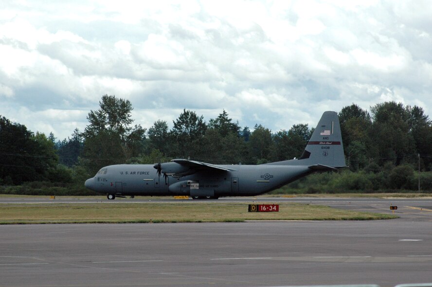 A C-130J Hercules from the Rhode Island Air National Guard taxis on the runway after landing at McChord Air Force Base, Wash., July 21 during operations for Air Mobility Rodeo 2007. Rodeo, sponsored by Air Mobility Command, is a readiness competition for U.S. and international mobility air forces. This competition focuses on improving world-wide mobility forces' professional core abilities. More than 40 teams and 2,500 people from the Air Force, and Air Force Reserve, as well as allied nations, are expected to participate. (U.S. Air Force Photo/Tech. Sgt. Scott T. Sturkol)