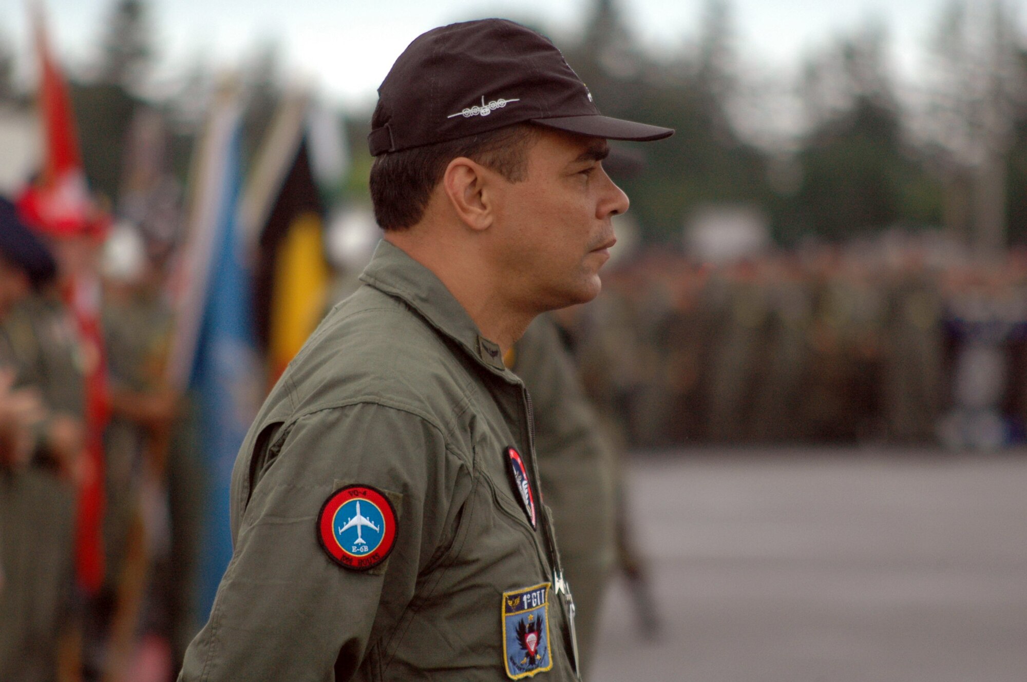 The team captain for the Brazilian team stands in formation duringthe opening ceremony for Air Mobility Rodeo 2007 at McChord Air Force Base, Wash., July 22.  Rodeo, sponsored by Air Mobility Command, is a readiness for U.S. and international mobility air forces.  Besides numerous international teams and observers, there are also teams from across the Air Force, Air Force Reserve, Air National Guard, and the U.S. Marine Corps. (U.S. Air Force Photo/Tech. Sgt. Scott T. Sturkol)