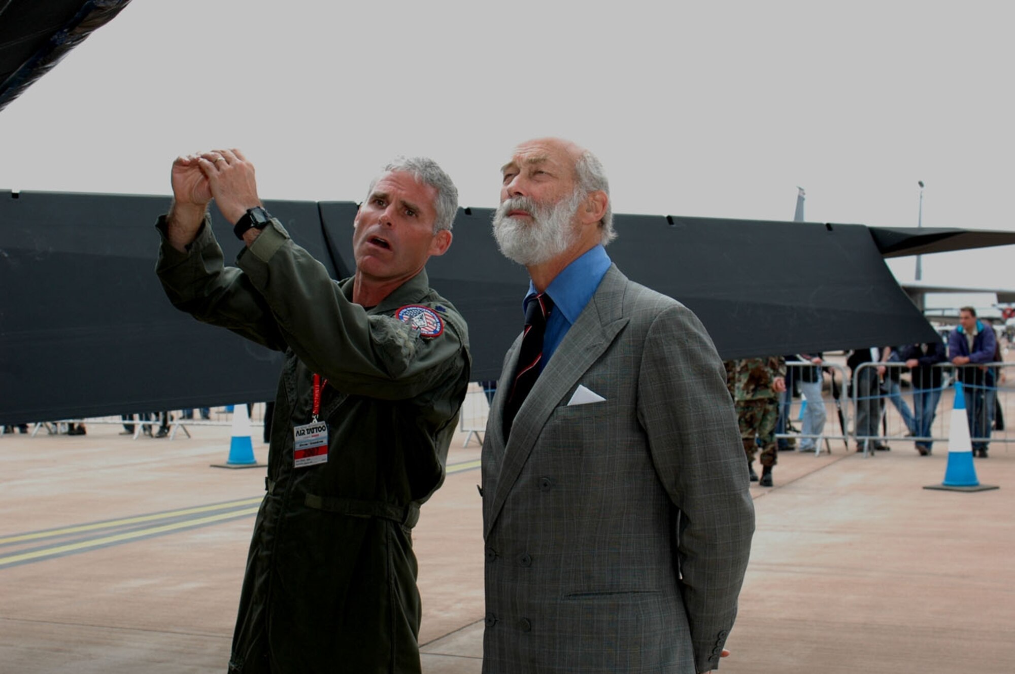Lt. Col. Pete York, F-117A pilot, describes the stealth fighter’s control surfaces to Prince Michael of Kent during the international air show at Fairford, England July 14. The F-117 Demonstration Team was one the featured acts at the two-day Royal International Air Tattoo. (U.S. Air Force photo/ Mr. Tommy Fuller)