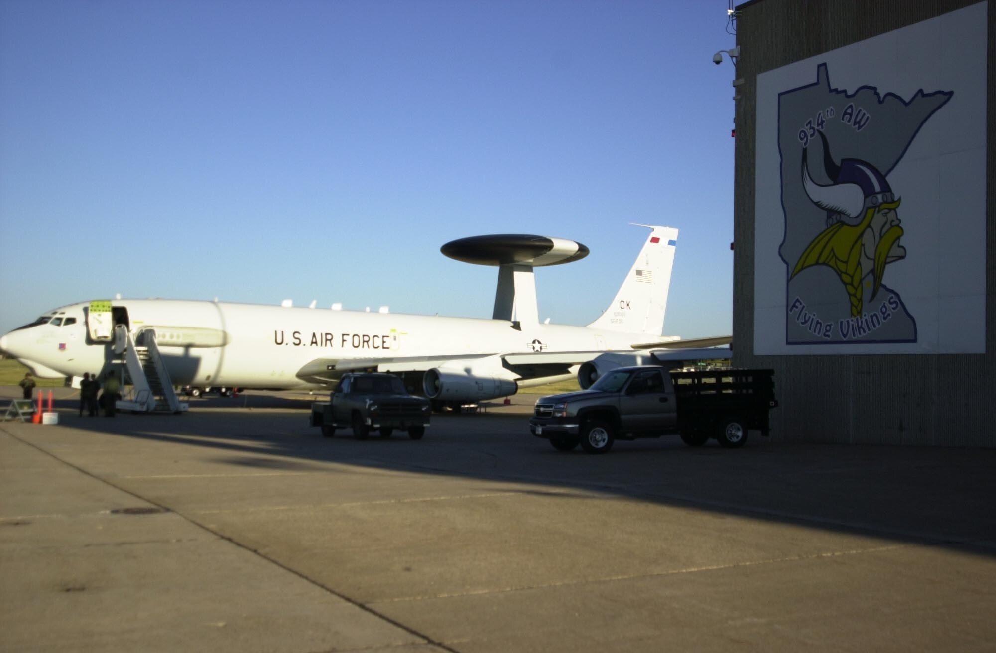 An E-3 Sentry AWACS (Airborne Warning and Control System) aircraft from Tinker AFB, Okla. made a rare appearance on the 934 AW ramp in July as part of a training mission. The aircraft provides all-weather surveillance, command, control and communications needed by commanders of U.S., NATO and other allied air defense forces. 
