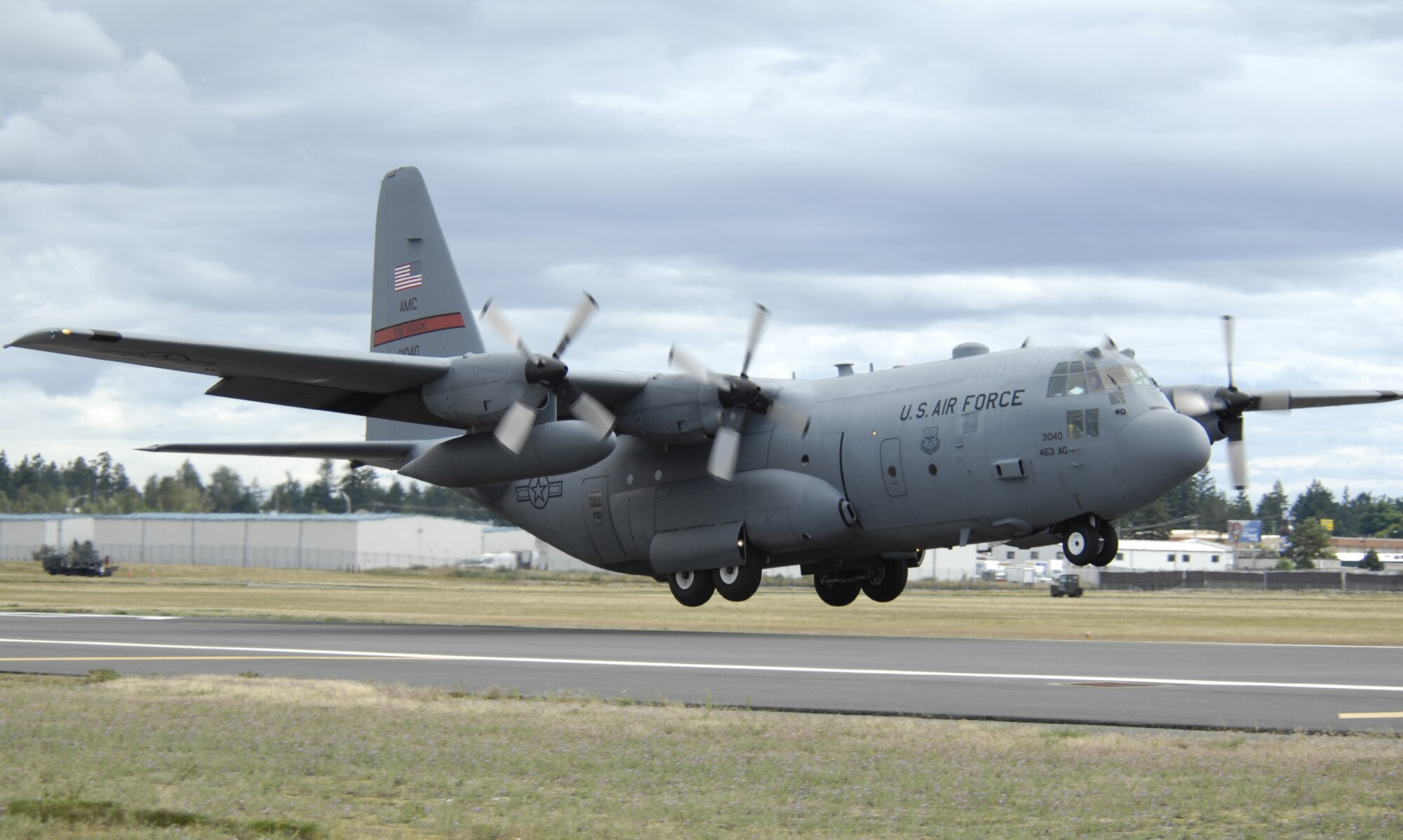 An U. S. Air Force C-130 Hercules from Little Rock, Air Force Base, Ark.,  lands at McChord Air Force Base, Wash., for Rodeo 2007 on July 21, 2007.  Rodeo 2007, hosted by Air Mobility Command, is a readiness competition of U.S. and international mobility forces.  It focuses on improving warfighting capabilities and support of the Global War on Terrorism. (U. S. Air Force photo by Senior Airman Daniel St. Pierre)
