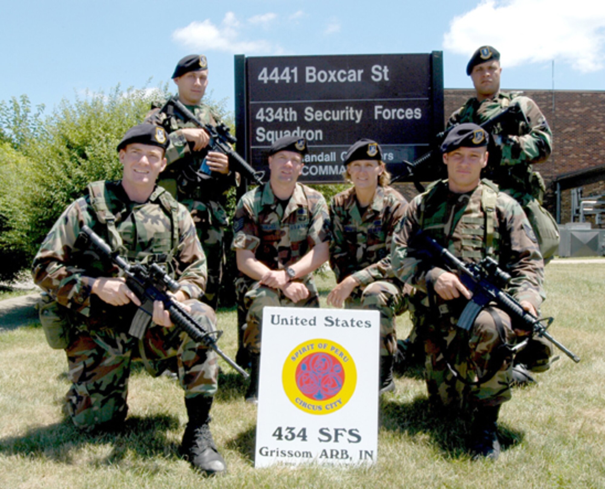 GRISSOM AIR RESERVE BASE, Ind -- Members of the 434th Security Forces Squadron Rodeo team are (front row) SrA. Ryan Monahan, Staff Sgt. Nathan Salavgni, (back row) SrA. Richard Rinella, Tech. Sgt. David Douglass, Staff Sgt. Leslie Richman, and 1Lt. Paul Hayes.  (U.S. Air Force photo/Tech. Sgt. Doug Hays)