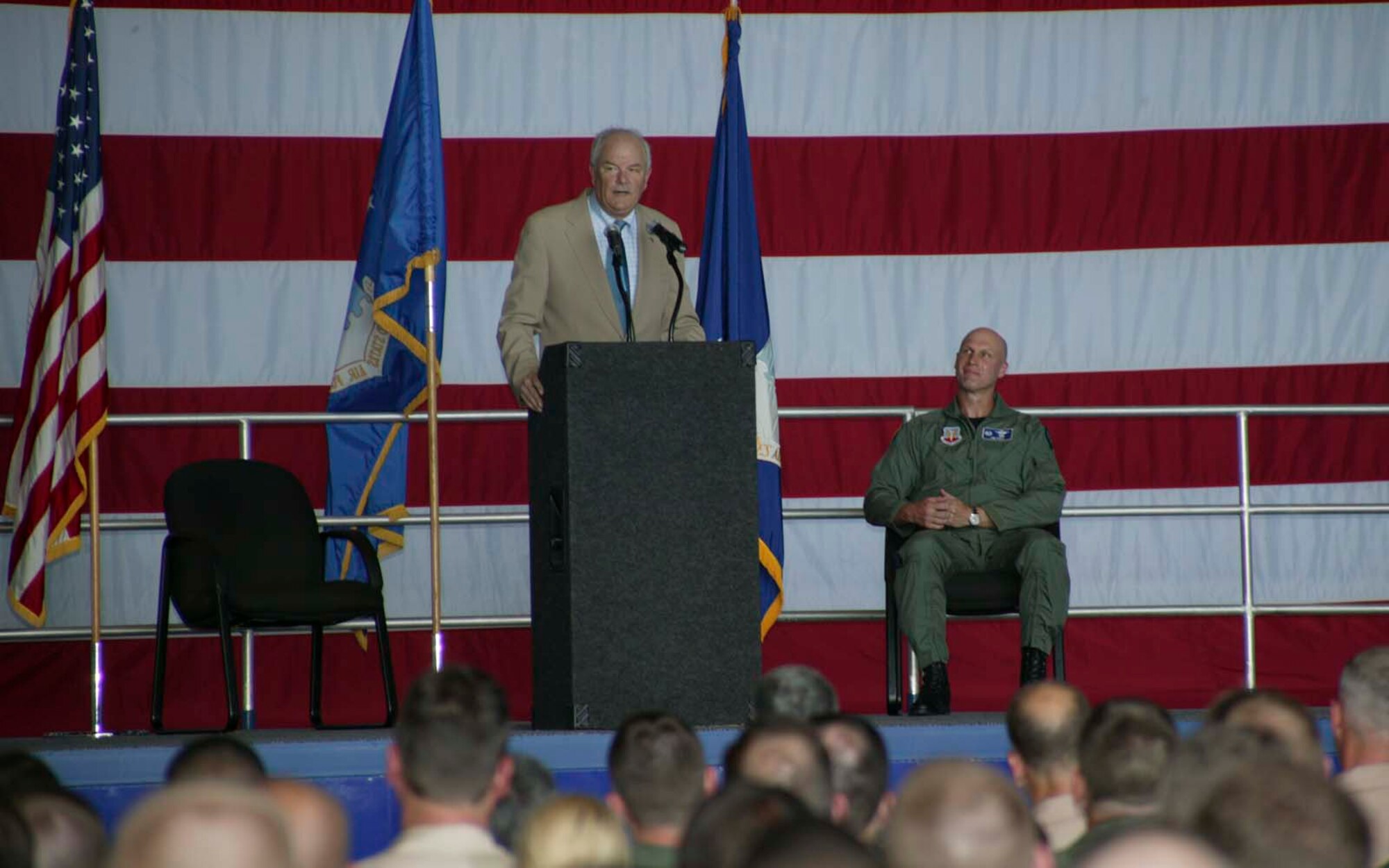 SHAW AIR FORCE BASE, S.C. --  Secretary of the Air Force Michael W. Wynne spoke at an Airman's call about various topics including the Air Force's future during a visit to the 20th Fighter Wing July 19. Col. James Post, 20th FW commander, joined him on stage. The Secretary of the Air Force is responsible for the affairs of the Department of the Air Force, including the organizing, training, equipping and providing for the welfare of its nearly 370,000 men and women on active duty, 180,000 members of the Air National Guard and the Air Force Reserve, 160,000 civilians, and their families. With an annual budget of approximately $110 billion, he ensures the Air Force can meet its current and future operational requirements. (U.S. Air Force photo/ Senior Airman Holly MacDonald)
