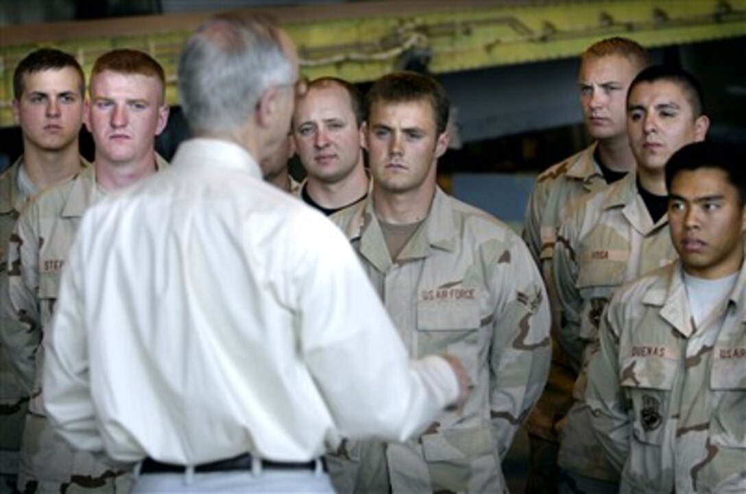 Deputy Secretary of Defense Gordon R. England speaks to airmen of the 455th Air Expeditionary Wing, 354th Aircraft Maintenance Squadron in Bagram, Afghanistan, on July 20, 2007.  England is in Afghanistan to meet with commanders, soldiers and airmen as well as coalition leaders from the United Arab Emirates and Egypt.  The airmen are deployed from Davis-Monthan Air Force Base, Ariz.  