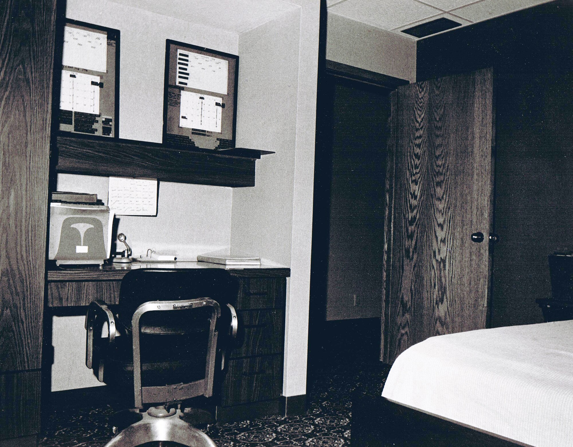 WHITEMAN AIR FORCE BASE, Mo. -- An example of a bedroom inside a Minuteman II launch control facility in 1982. The facility was manned by 10 people. Two individuals were the crews downstairs. The remaining eight included the facility manager who was usually the ranking enlisted person on site. (U.S. Air Force photo)
 

