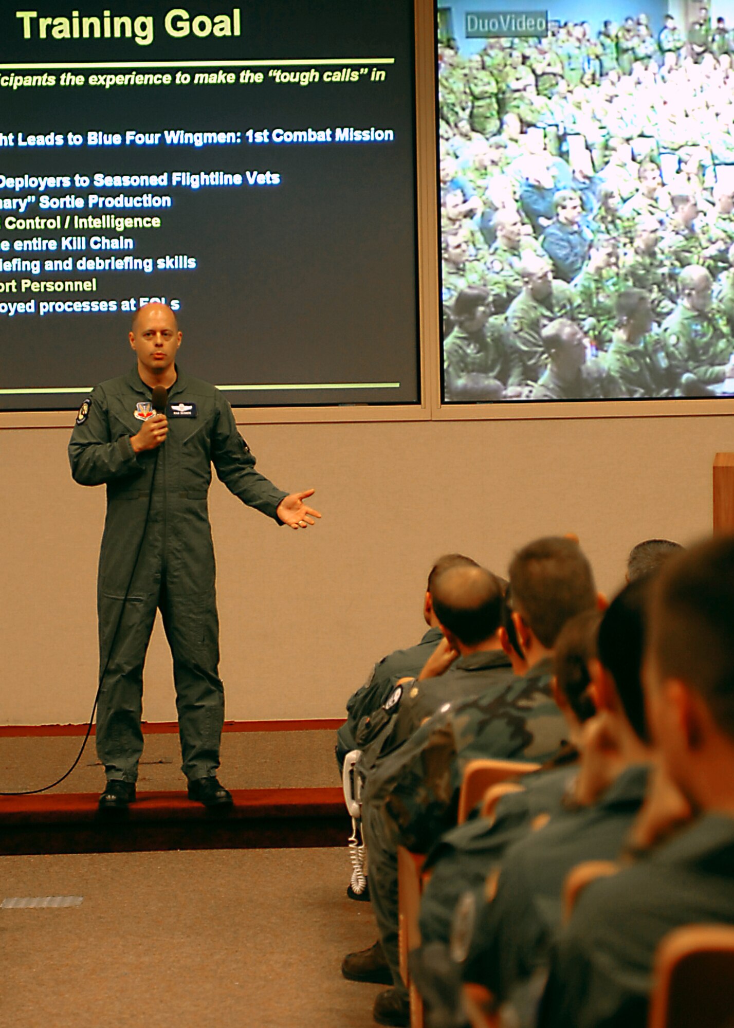 EIELSON AIR FORCE BASE, Alaska -- Col. Daniel DeBree, Red Flag-Alaska deployed forces commander, provides a training goals briefing prior to the start of the multinational air combat exercise. Colonel DeBree is the new vice commander of the 4th Fighter Wing. (U.S. Air Force photo by Master Sgt. Brandt Smith)