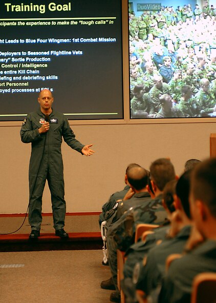 EIELSON AIR FORCE BASE, Alaska -- Col. Daniel DeBree, Red Flag-Alaska deployed forces commander, provides a training goals briefing to Red Flag-Alaska participants prior to the start of the multinational air combat exercise. Colonel DeBree is the vice commander of the 4th Fighter Wing. (U.S. Air Force photo by Master Sgt. Brandt Smith) 