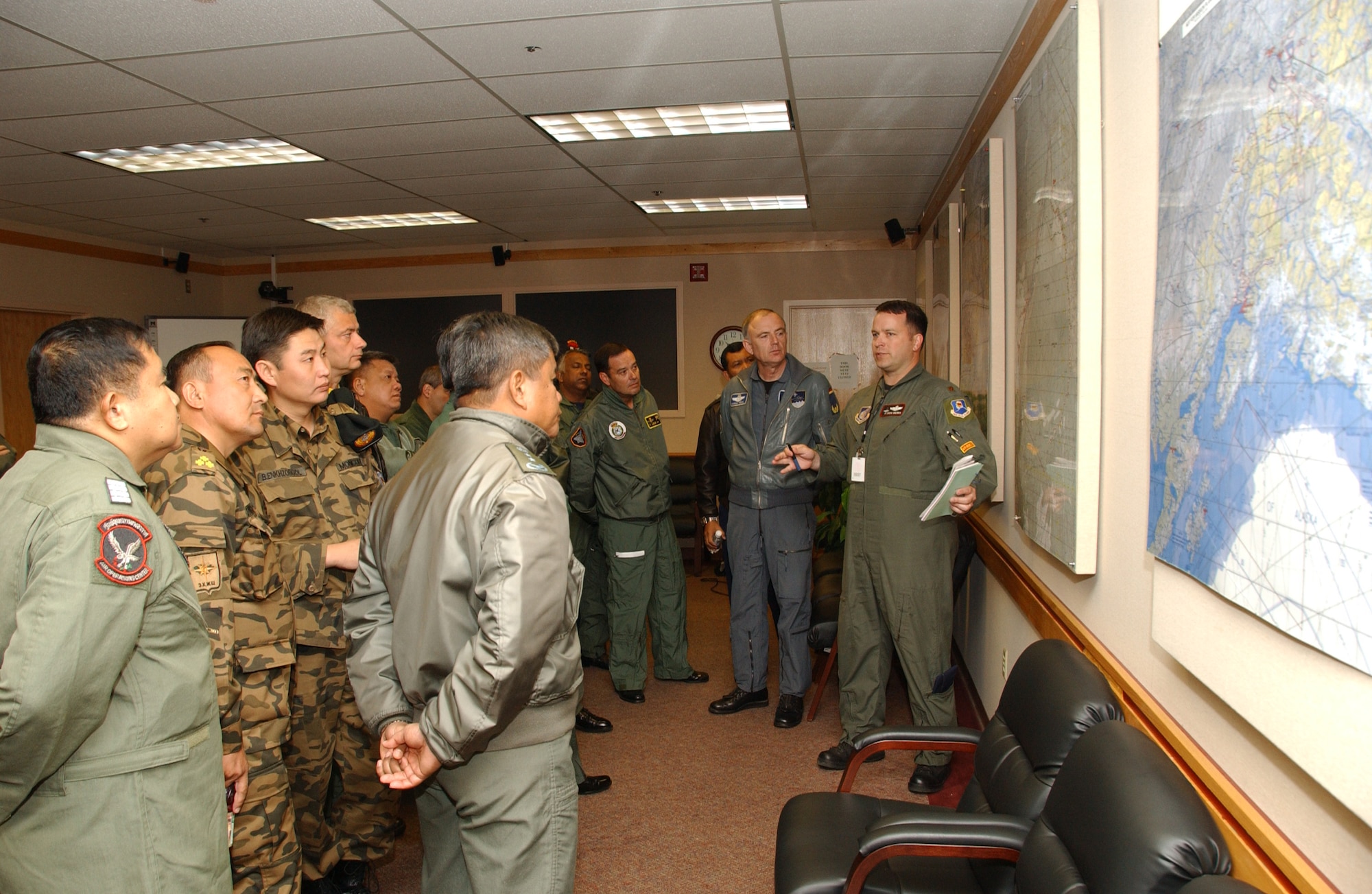 EIELSON AIR FORCE BASE, Alaska -- More than a dozen international officers visit here as part of the Executive Observer Program to observe Red Flag 07-3 operations July 23.  The exercise is focused on improving the combat readiness of U.S. and coalition forces and providing training for units preparing for air expeditionary force taskings. International partners will include Japan, Mongolia, Spain, Thailand, Turkey and NATO. (U.S. Air Force Photo by Airman 1st Class Christopher Griffin) 