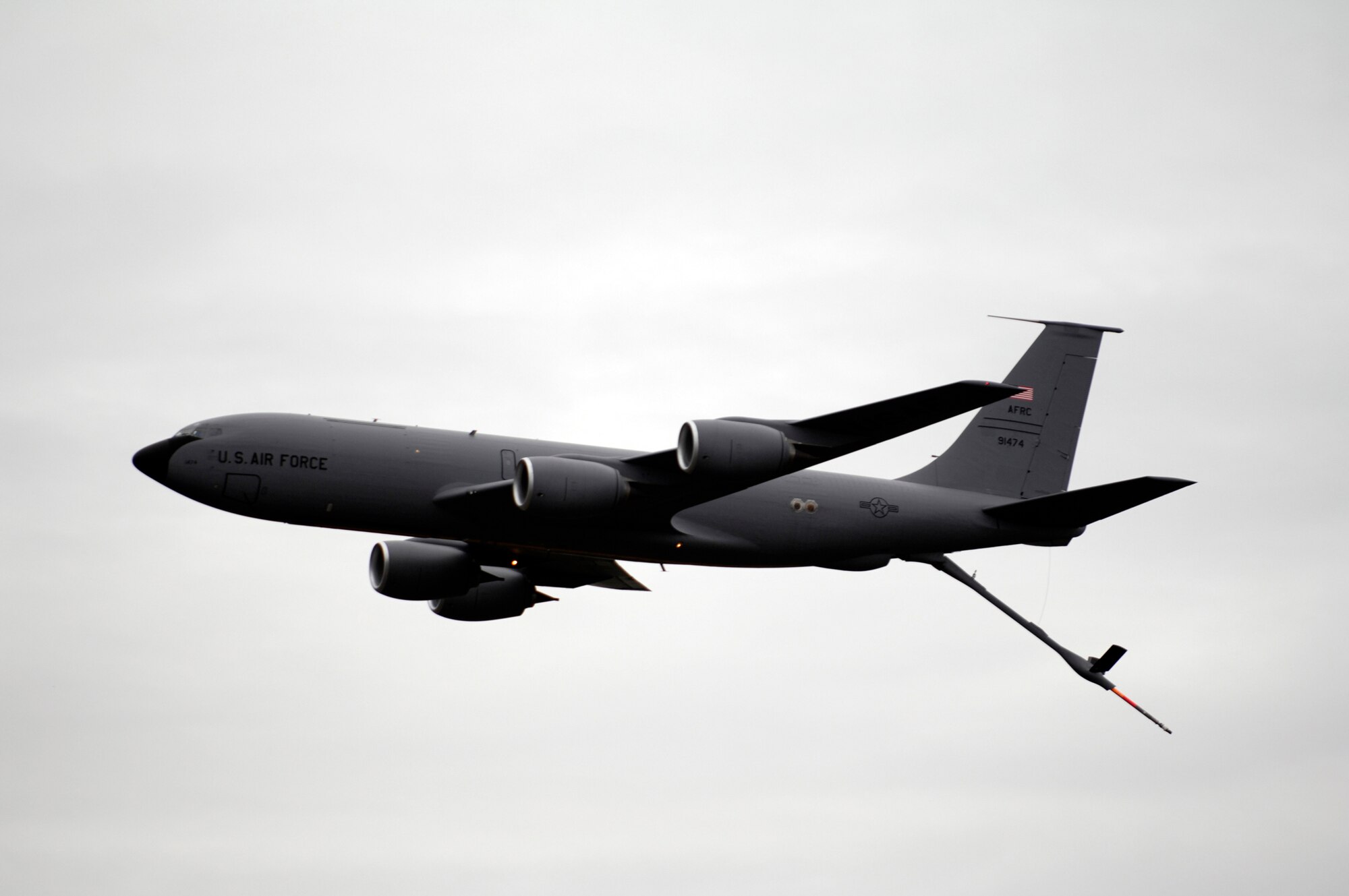 A U.S Air Force Reserve KC-135 Stratotanker from the 940th Air Refueling Wing, Beale Air Force Base, Calif. performs a fly- by at the opening ceremony for Rodeo 2007, McChord Air Force Base, Wash. on July 22, 2007.   Rodeo 2007, hosted by Air Mobility Command, is a readiness competition of U.S. and international mobility air forces.  It focuses on improving warfighting capabilities and support of the Global War on Terrorism. Although the 940th ARW was not competing at Rodeo, their KC-135 performed the fly-by and is being used for the aeromedical portion of the competition. (U.S. Air Force photo by: Staff Sgt. Rachel Goff)  (Released)

