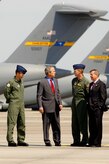 Col. Mark Brauknight, former 315th Aiflift Wing vice commander, former President George Bush, Col. John “Red” Millander, 437th Airlift Wing commander and S.C. Sen. Lindsey Graham tour the Charleston AFB flightline July 24, 2007. President Bush visited Charleston AFB, took a tour of a static C-17, ate lunch with Airmen from the base and discussed the Global War on Terrorism. (U.S. Air Force photo/Airman 1st Class Nicholas Pilch)