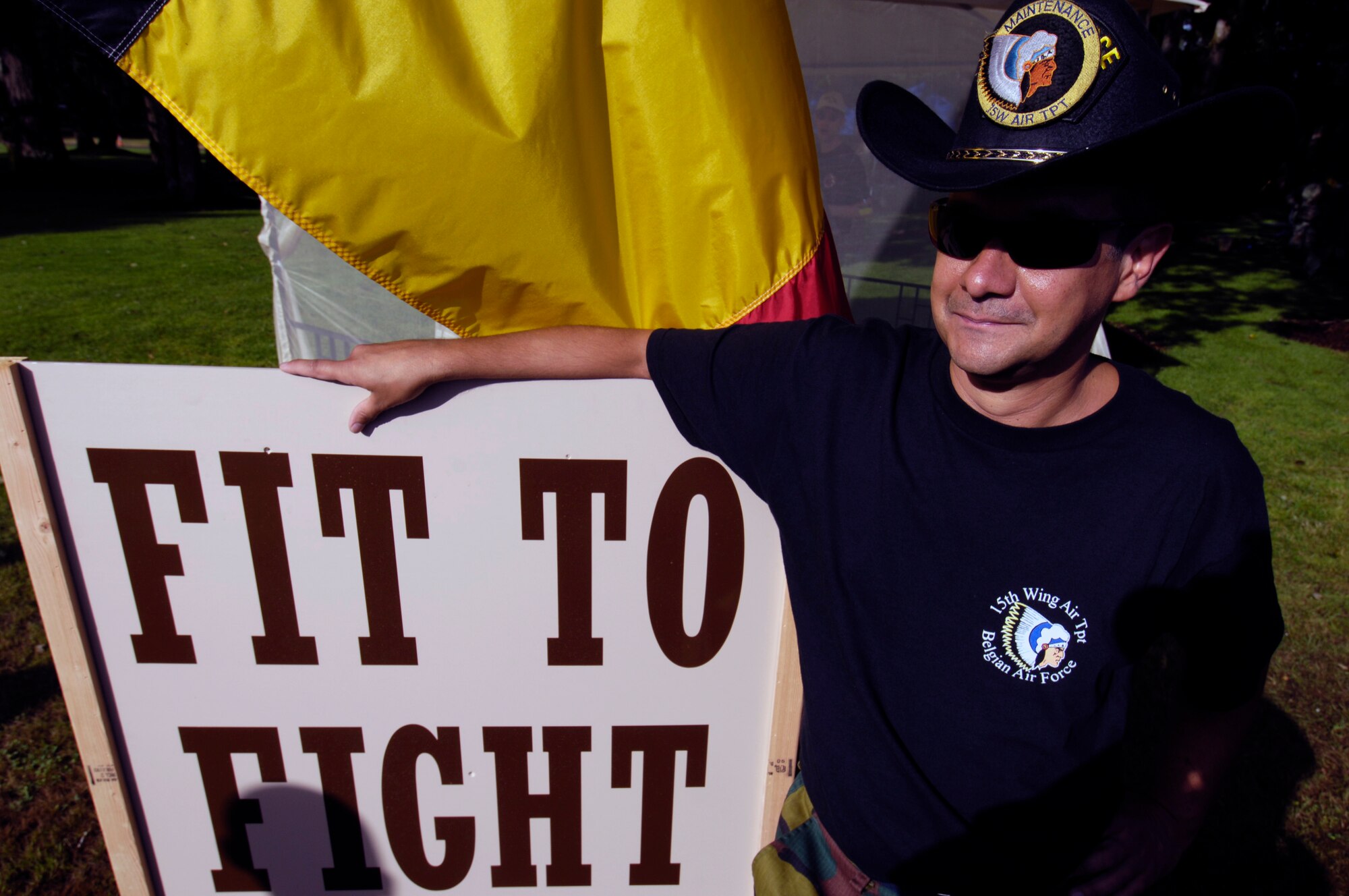 Belgian Air Force Adjutant Bernard Gilson waits at the entrance of the Fit-to-Fight competition at Air Mobility Rodeo 2007 at McChord Air Force Base, Wash., July 21. The competition was held in order to build morale between the different nations and to measure physical fitness among all competitors at Rodeo. Air Mobility Command's Rodeo 2007 is a readiness competition of U.S. and international mobility air forces.  It focuses on improving warfighting capabilities and support of the Global War on Terrorism. (U.S. Air Force photo/Senior Airman Clay Lancaster)

