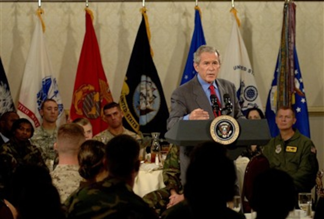 President George Bush talks about the global war on terrorism in the Charleston Club, July 24, 2007. He visited Charleston Air Force Base, S.C., took a tour of a static C-17, and ate lunch with airmen.