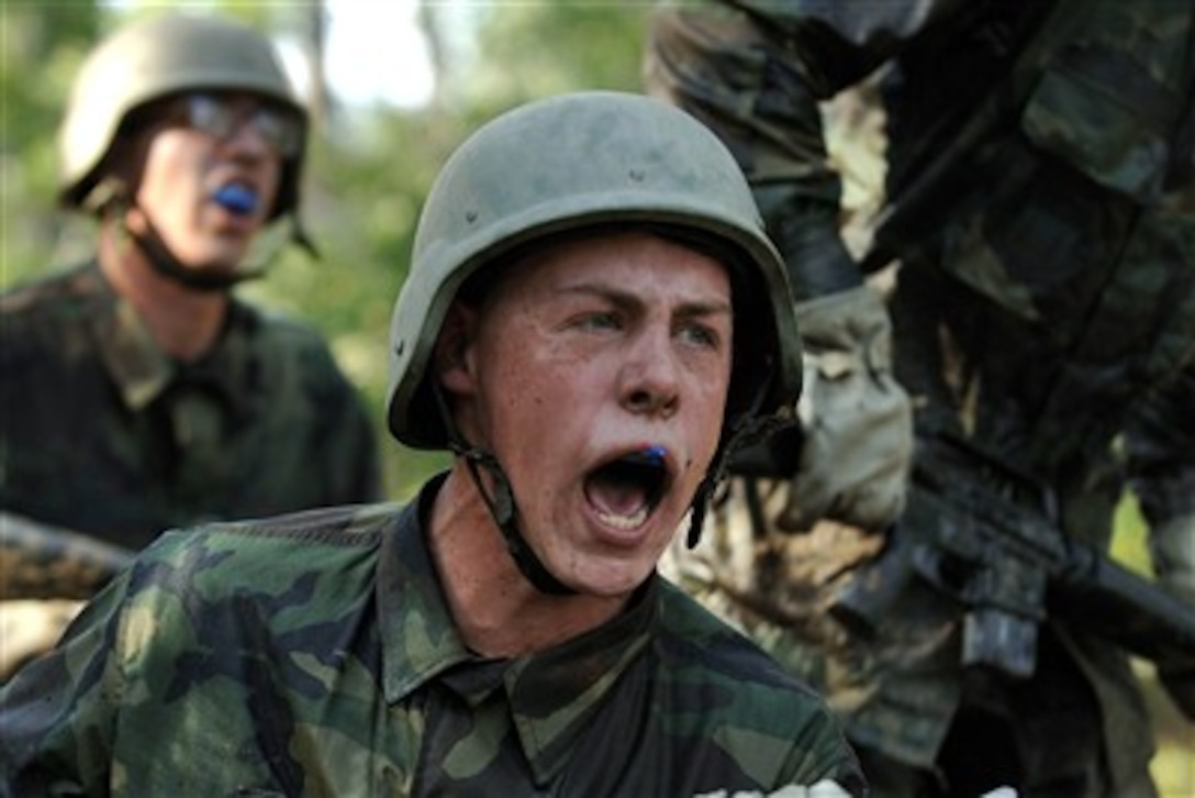 U.S. Air Force basic cadet trainees attack the assault course in Jacks Valley on the U.S. Air Force Academy's training grounds in Colorado on July 17, 2007.  The assault course teaches hand-to-hand combat skills and rifle fighting techniques while allowing basic cadets to practice these elements in controlled scenarios, in a mentally and physically challenging environment.  