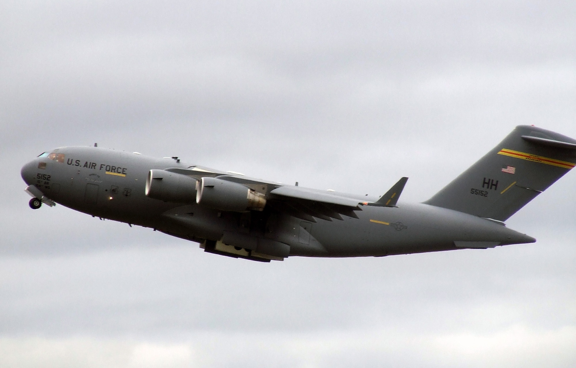A C-17 Globemaster III from Hickam Air Force Base, Hawaii, takes off during competition for Air Mobility Rodeo 2007 at McChord AFB, Wash., July 23.  Rodeo, sponsored by Air Mobility Command, is a readiness competition for U.S. and international mobility forces.  Rodeo 2007 is the largest Rodeo competition in history.  (U.S. Air Force Photo/Tech. Sgt. Scott T. Sturkol)