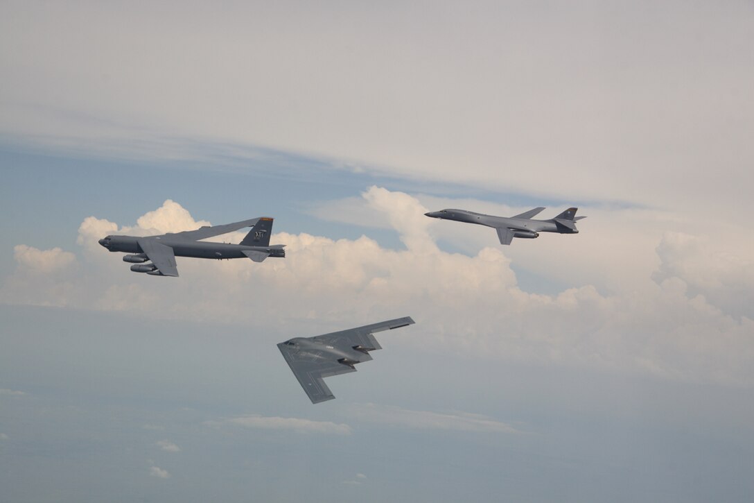 During Ellsworth's Open House June 23, 2007,  a 28th Bomb Wing Ellsworth Air Force Base B-1 joined with a 5th Bomb Wing Minot Air Force Base B-52 and a 509th Bomb Wing Whiteman Air Force Base B-2 for a dissimilar formation flight of the Air Forces' elite bomber force.
(U.S. Air Force photo/Tech. Sgt. Marc Feliz)