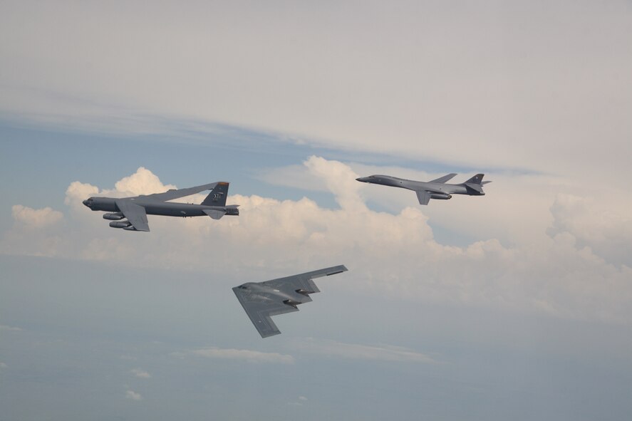 During Ellsworth's Open House June 23, 2007,  a 28th Bomb Wing Ellsworth Air Force Base B-1 joined with a 5th Bomb Wing Minot Air Force Base B-52 and a 509th Bomb Wing Whiteman Air Force Base B-2 for a dissimilar formation flight of the Air Forces' elite bomber force.
(U.S. Air Force photo/Tech. Sgt. Marc Feliz)