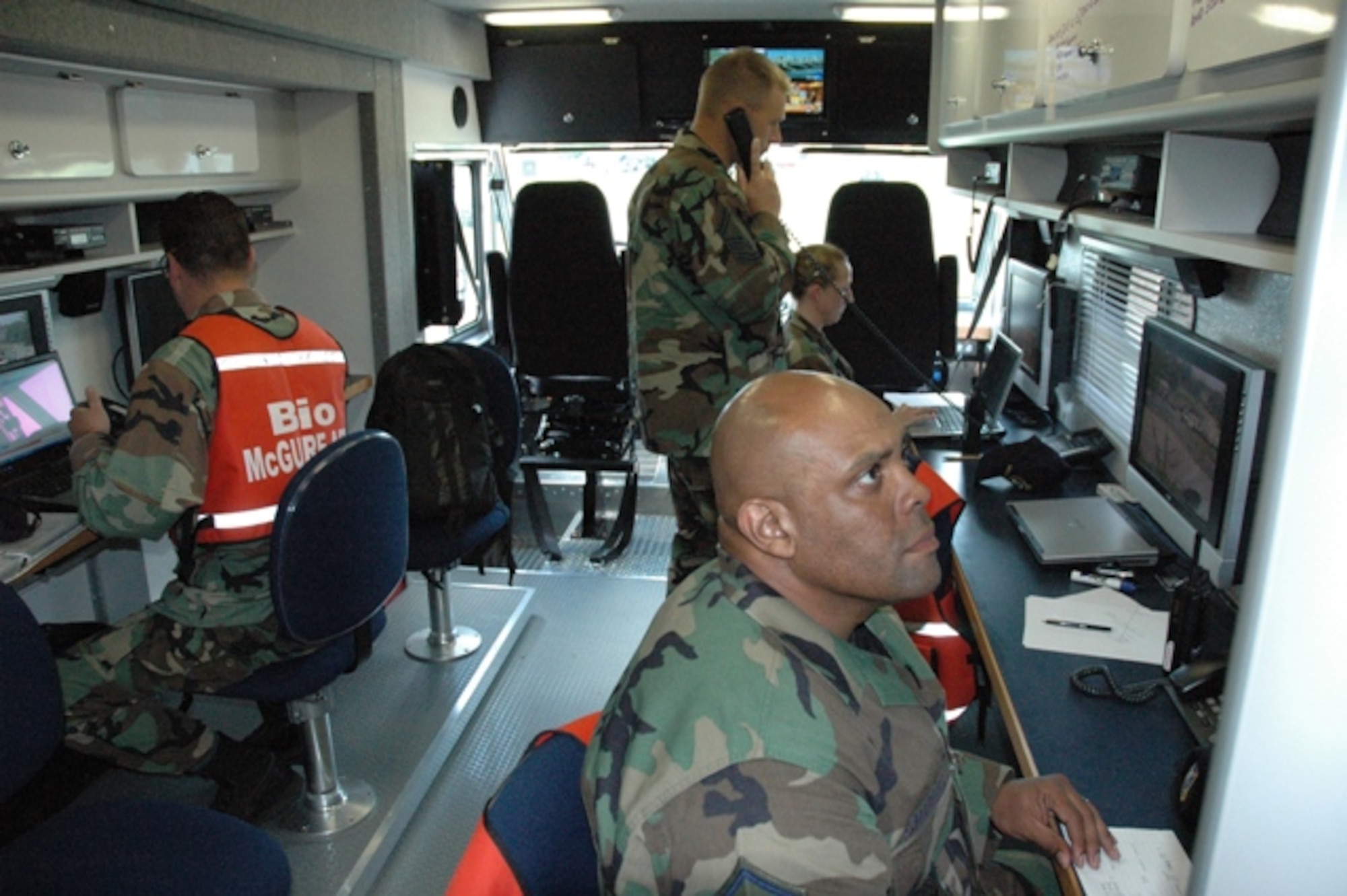 McGuire AFB personnel practices their readiness capabilities in a base exercise here on July 24.  This exercise helps prepare base readiness and response in emergency situations.