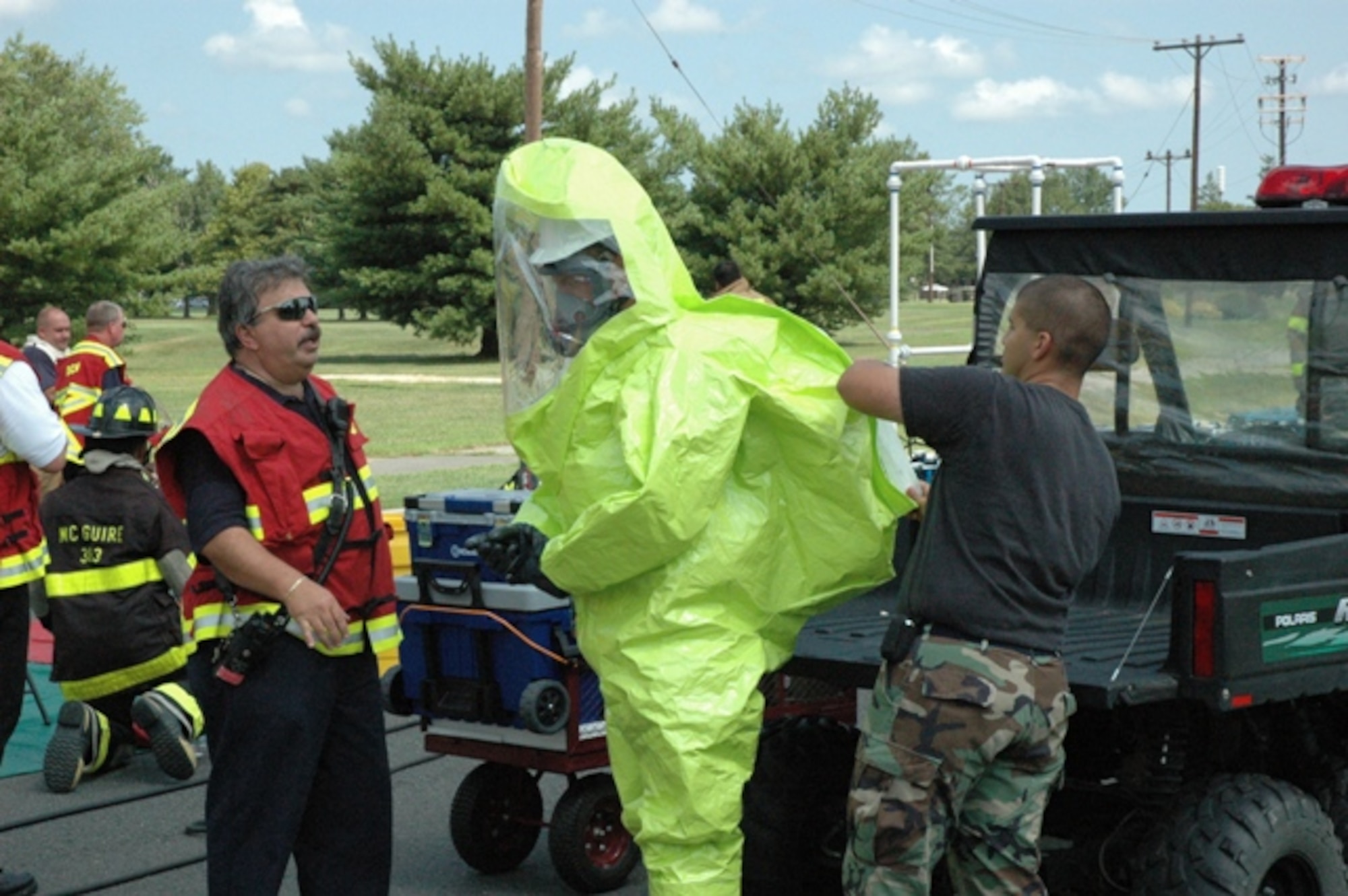 McGuire AFB personnel practices their readiness capabilities in a base exercise here on July 24.  This exercise helps prepare base readiness and response in emergency situations.