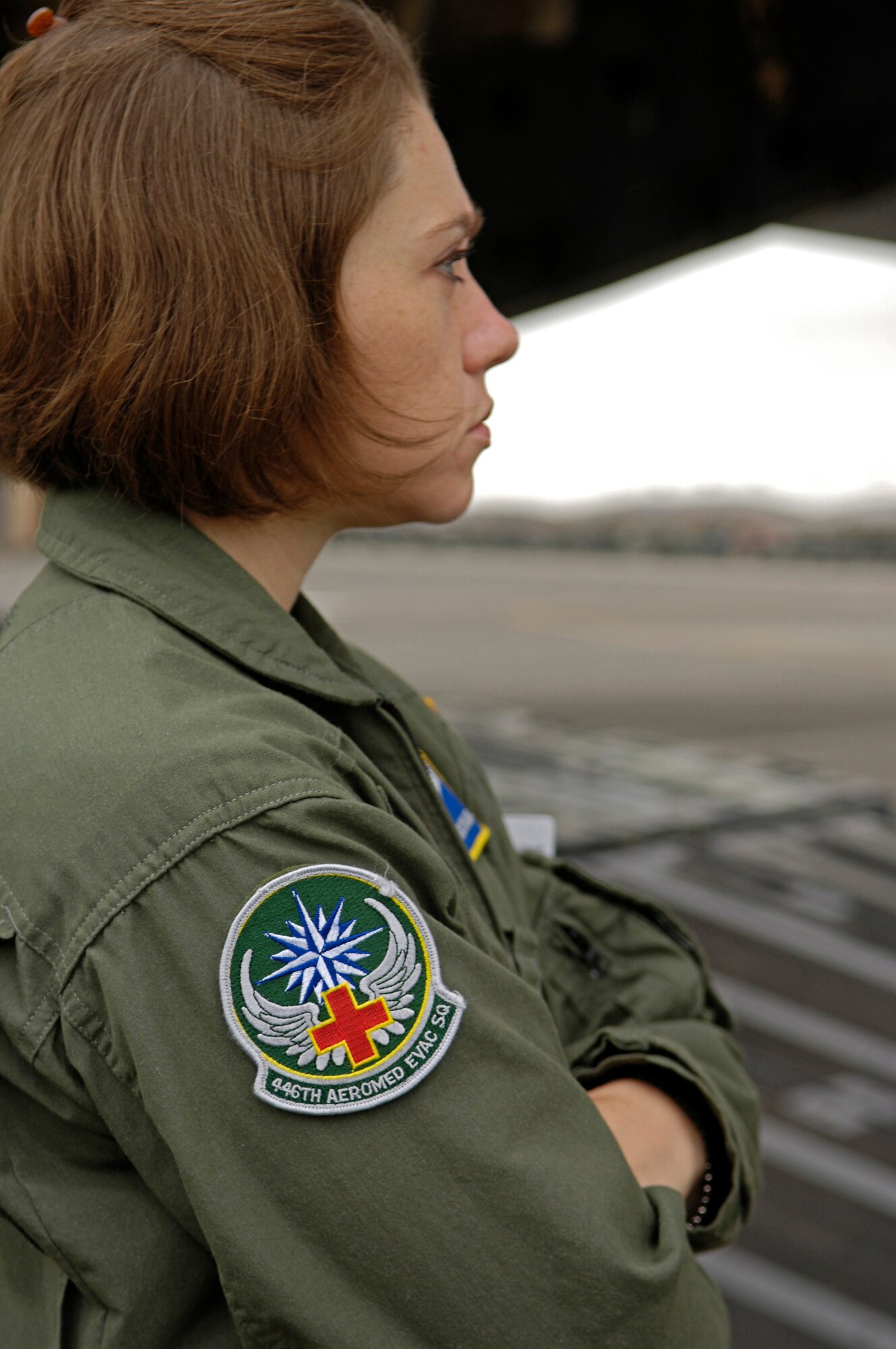 Senior Airman Kim Schamp, 446th Aeromedical Evacuation Squadron, McChord Air Force Base, Wash., waits to reset the aircraft to pre-evaluation state during competition for Air Mobility Rodeo 2007 at McChord Air Force Base, Wash., July 23.  Air Mobility Command's Rodeo 2007 is a readiness competition of U.S. and international mobility air forces.  It focuses on improving warfighting capabilities and support of the Global War on Terrorism.  (U.S. Air Force photo/Tech. Sgt. Maria J. Bare) 