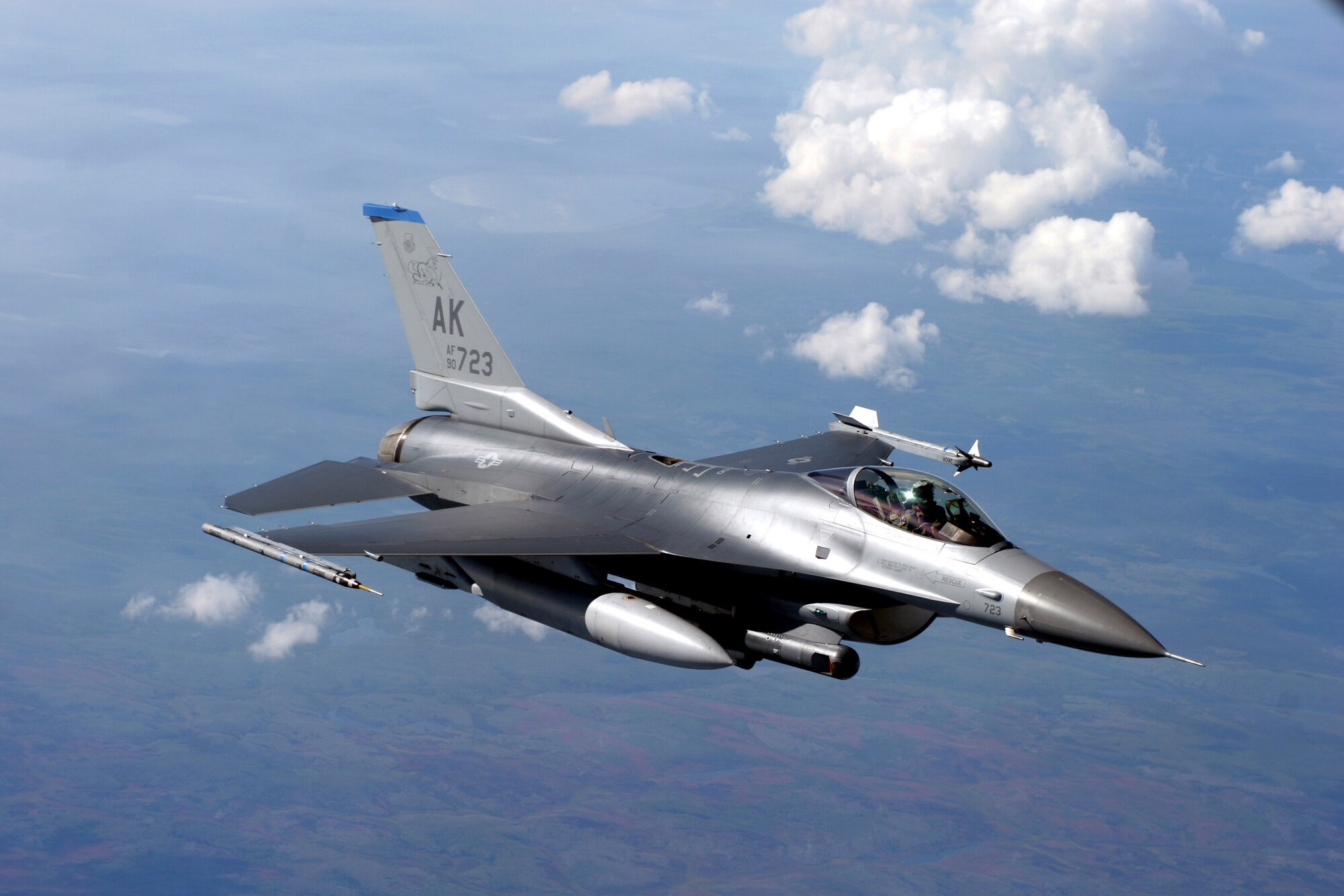 An F-16 Fighting Falcon from the 18th Fighter Squadron at Eielson Air Force Base, Alaska, prepares to refuel from a KC-135 Stratotanker at Red Flag-Alaska July 20. More than 80 aircraft and 1,500 servicemembers from six countries are participating in the exercise July 12 to 27 to sharpen their combat skills in simulated combat sorties. Red Flag-Alaska's multinational participation and the addition of the Pacific Alaskan Range Complex assets provide realistic combat training in a safe and controlled setting. (U.S. Air Force photo/Capt. Tana R.H. Stevenson)

