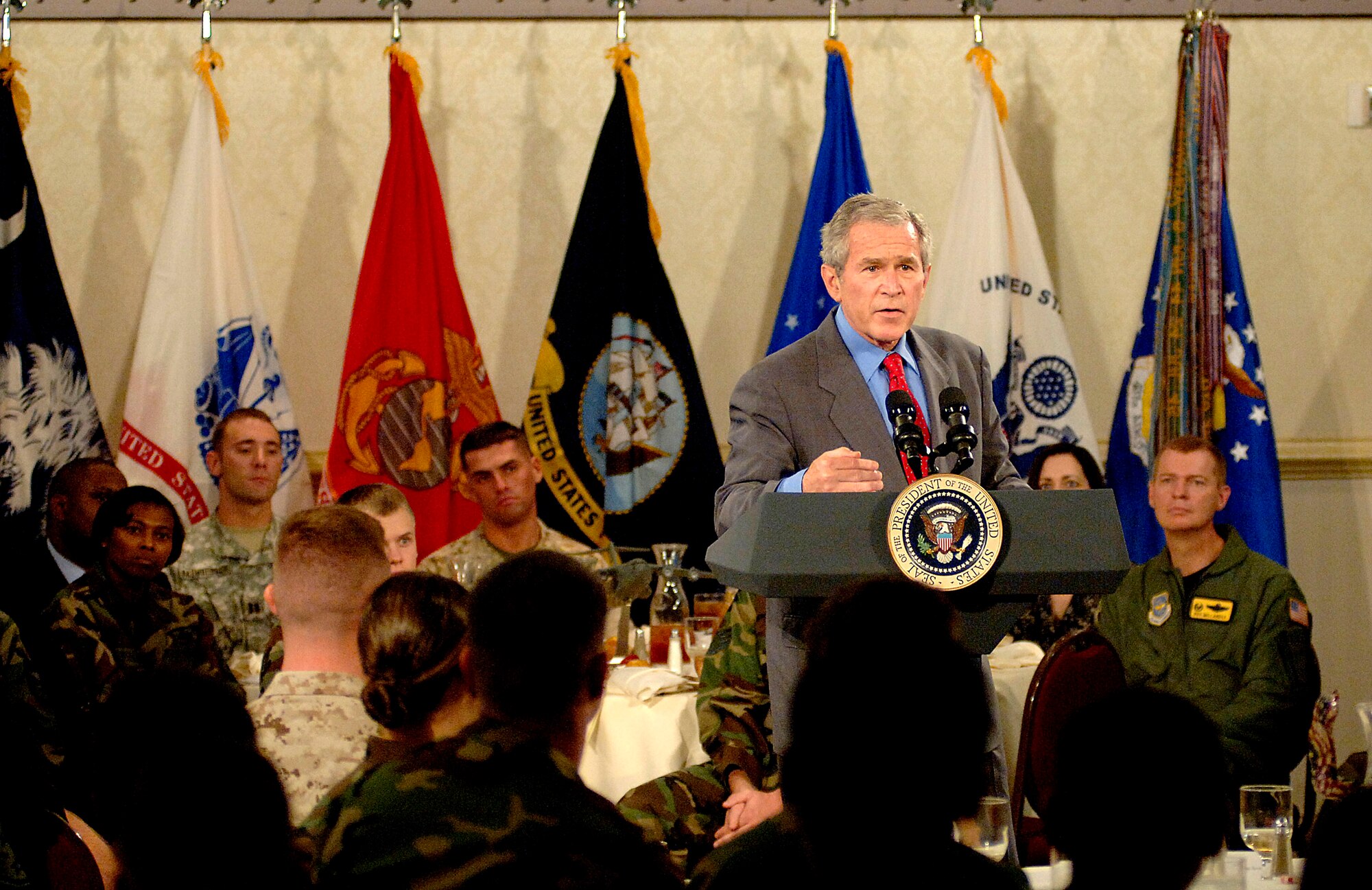 President George W. Bush talks about the war on terrorism July 24 at Charleston Air Force Base, S.C. President Bush visited Charleston AFB, took a tour of a static C-17 Globemaster III, ate lunch with Airmen from the base and talked about the war on terrorism. (U.S. Air Force photo/Airman 1st Class Nicholas Pilch) 
