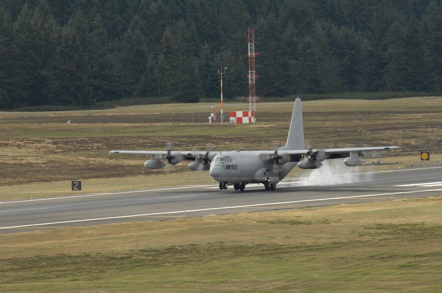 A U.S. Marine Corps C-130 Hercules from Naval Air Station Joint Reserve Base, Fort Worth, Texas, lands at McChord Air Force Base, Wash. July 24 for Air Mobility Rodeo 2007. Rodeo 2007, hosted by Air Mobility Command, is a readiness competition of U.S. and international mobility forces.  It focuses on improving warfighting capabilities and support of the Global War on Terrorism. (U. S. Air Force Photo/Senior Airman Daniel St. Pierre) 