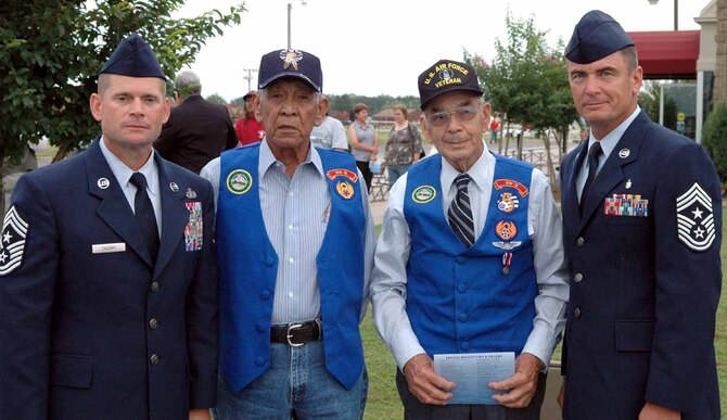 From left, 72nd Air Base Wing Command Chief Master Sgt. Phillip Cherry stands next to former World War II Army Air Corps Cpl. Chapman Hill, World War II Army Air Corps Pfc. Eddie Fish and 552nd Air Control Wing Command Chief Master Sgt. James Foltz. (Courtesy Photo)