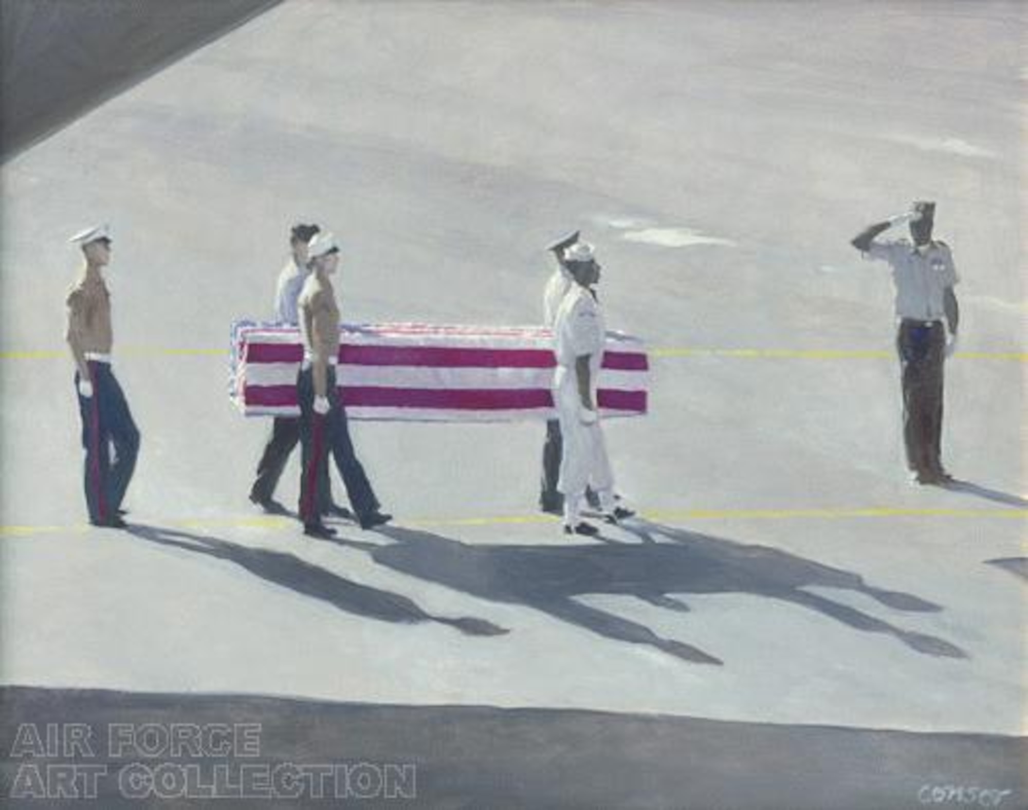 This art piece in the Air Force art collection entitled, "JPAC – Honors for the Returned," was completed by artist James Consor.  Mr. Consor visited Air Mobility Rodeo 2007 at McChord AFB, Wash., to gather images for future paintings and illustrations for the Air Force Art Program.  (Air Force Photo)