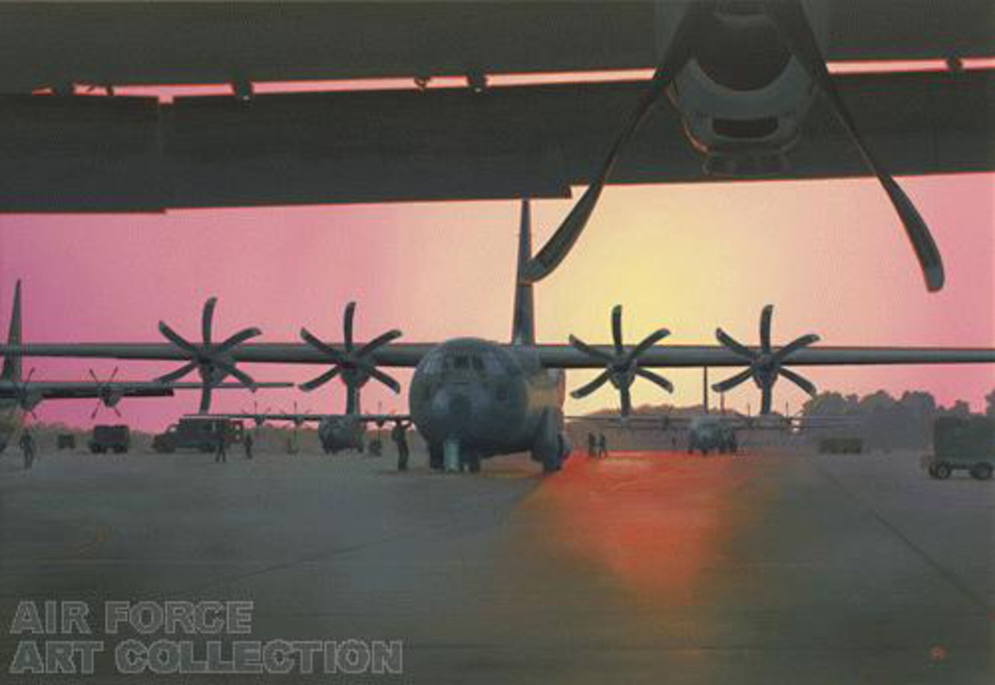 This art piece in the Air Force art collection entitled, "Tarmac Sunrise," was completed by artist Jerry Moore after a visit to Little Rock Air Force Base, Ark.  Mr. Moore visited Air Mobility Rodeo 2007 at McChord AFB, Wash., to gather images for future paintings and illustrations for the Air Force Art Program.  (Air Force Photo)