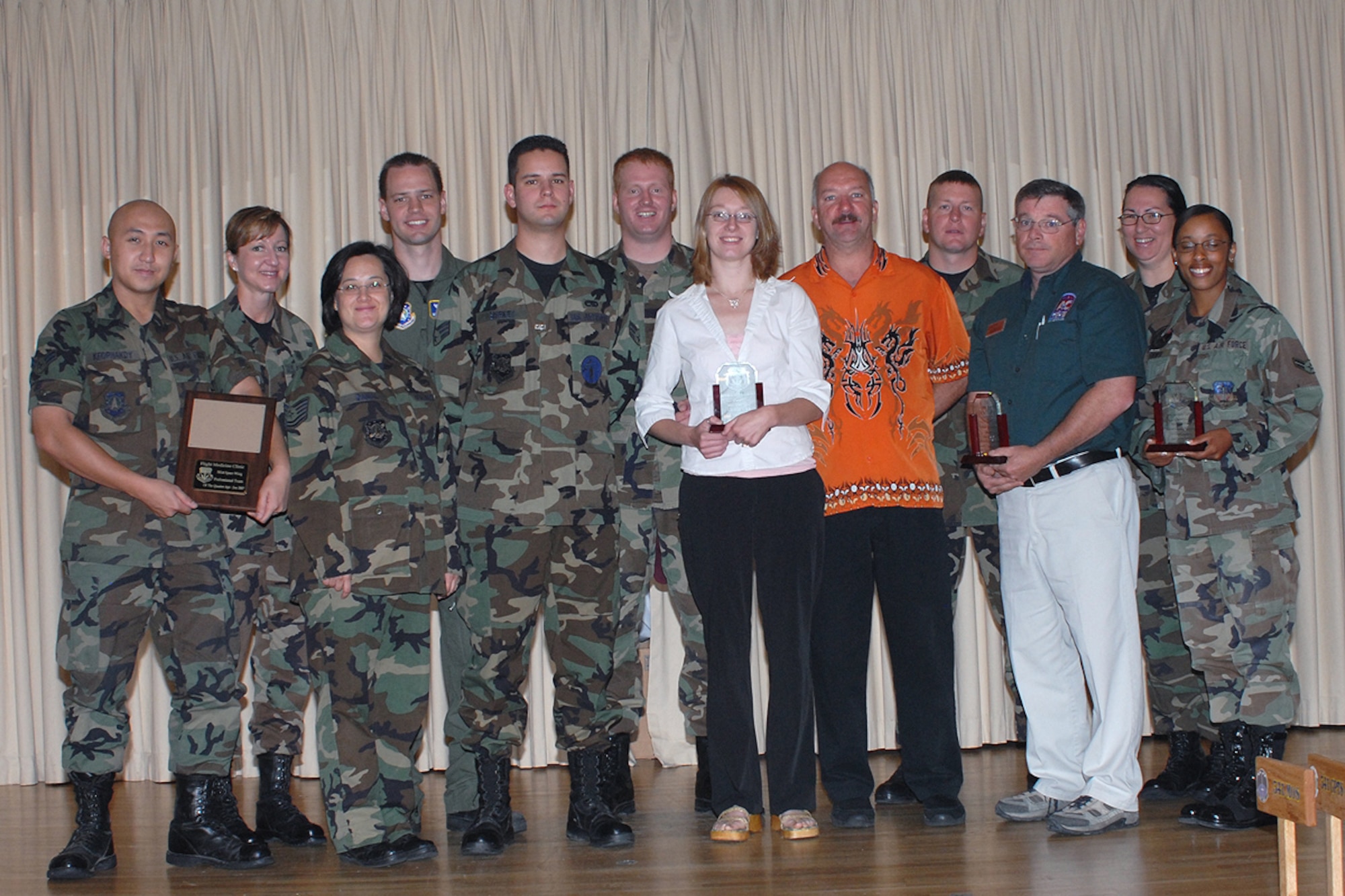 Congratulations to the newest wing quarterly award winners. Their names were announced at the quarterly awards breakfast Tuesday at the Grizzly Bend Club. This quarter’s winners are:
Airman of the Quarter is Senior Airman Joseph Shirkey, 341st Missile Maintenance Squadron; 
NCO of the Quarter is Tech. Sgt. Lisa Harelson, 341st Medical Operations Squadron; 
SNCO of the Quarter is Master Sgt. Nathan Brett, 741st Missile Security Forces Squadron; 
CGO of the Quarter is 1st Lt. Elizabeth Buss, 341st Operations Group; 
Honor Guard Member of the Quarter is Airman 1st Class Dorothy Turner, 341st OG; 
Civilian Category I winners are Ryan Burke, 341st Civil Engineering Squadron (not pictured) and Jessica Meadows, 341st Medical Support Squadron; 
Civilian Category II winner is Michael Hryszko, 341st MDOS; 
Civilian Supervisor Category I winner is Thomas Kiernan, 341st Services Squadron; and 
Professional Team goes to the Flight Medicine Clinic, 341st MDOS.
(U.S. Air Force photo / Christy Mason)