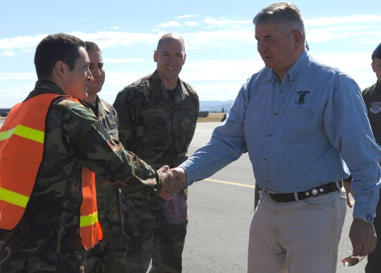 FAIRCHILD AIR FORCE BASE, Wash. – Gen. Ronald Fogleman (ret.), former Air Force Chief of Staff, greets Airmen here upon his arrival July 24. The general, who served on active duty for 34 years, was a guest speaker at the base’s 60th Anniversary Speakers Symposium July 24. He also spent time talking to wing leaders about the dynamics of command before leaving the base July 25. (U.S. Air Force photo/ Airman 1st Class Jocelyn Ford)