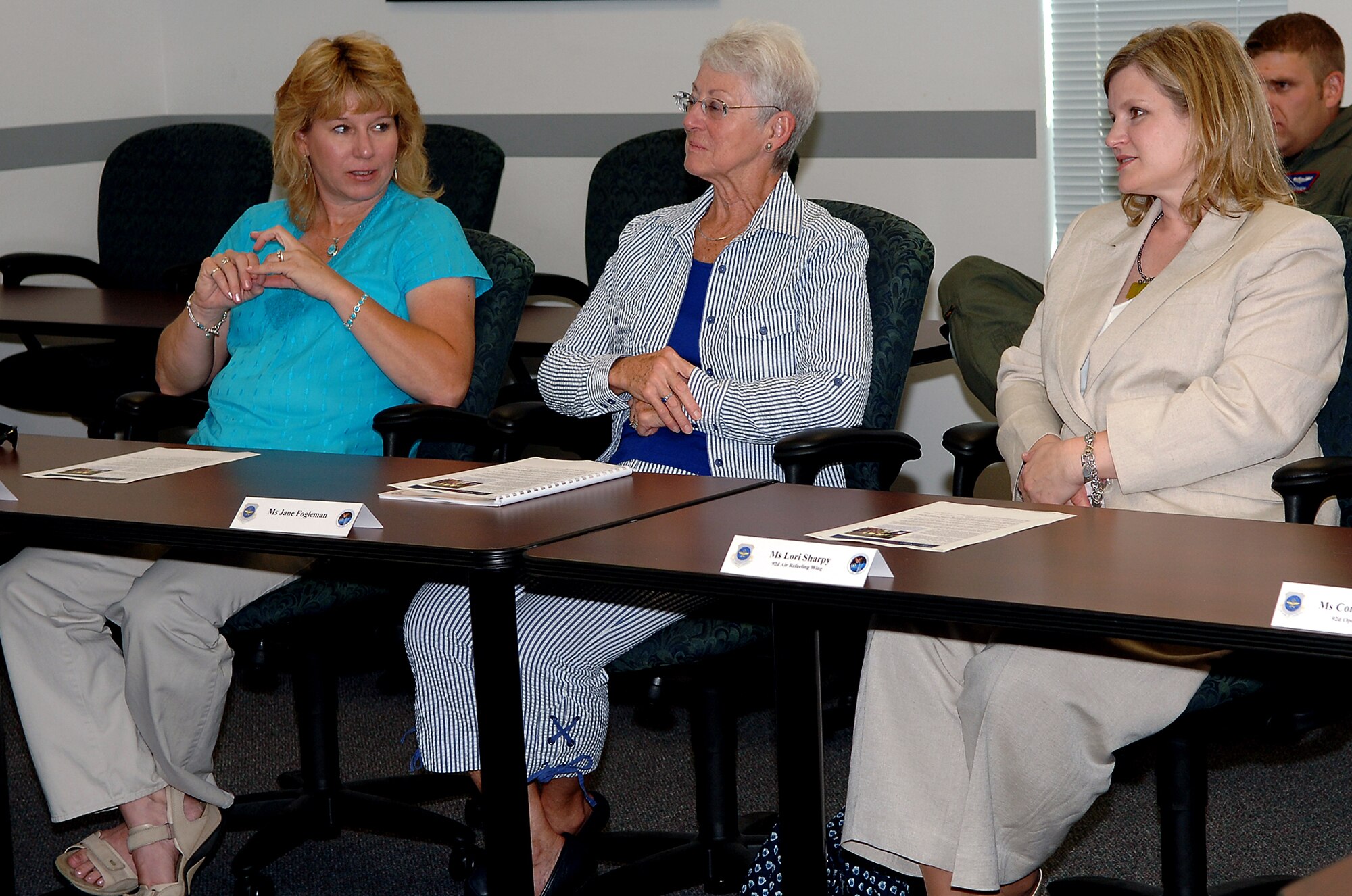 FAIRCHILD AIR FORCE BASE, Wash. – From left, Diane White, Miss Jane Fogleman and Lori Sharpy visit the Airman and Family Readiness Center July 24. Mrs. Fogleman visited the base with her husband, Gen. Ronald Fogleman (ret.), former Air Force Chief of Staff, who spoke at the 92nd Air Refueling Wing’s 60th Anniversary Speakers Symposium. (U.S. Air Force photo/ Airman 1st Class Joshua Chapman)