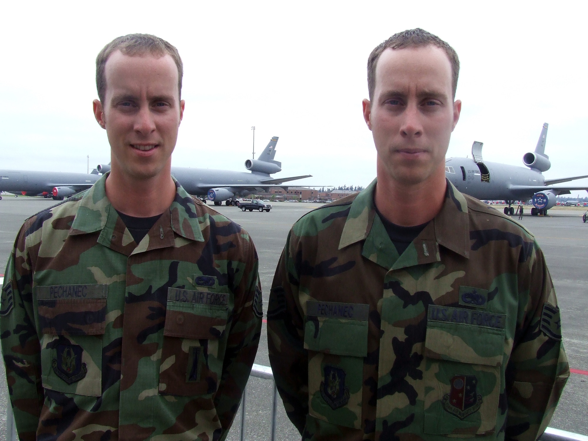 Staff Sgts. Bryan and Brent Pechanec, from the 514th Aircraft Maintenance Squadron and 714th AMXS respectively at McGuire Air Force Base, N.J., are fraternal twins who came to McChord AFB, Wash., for Air Mobility Rodeo 2007.  Bryan is a C-17 Globemaster III crew chief and Brent is a KC-10 crew chief.  Both are also Air Reserve Technicians at McGuire.  (U.S. Air Force Photo/Tech. Sgt. Scott T. Sturkol)