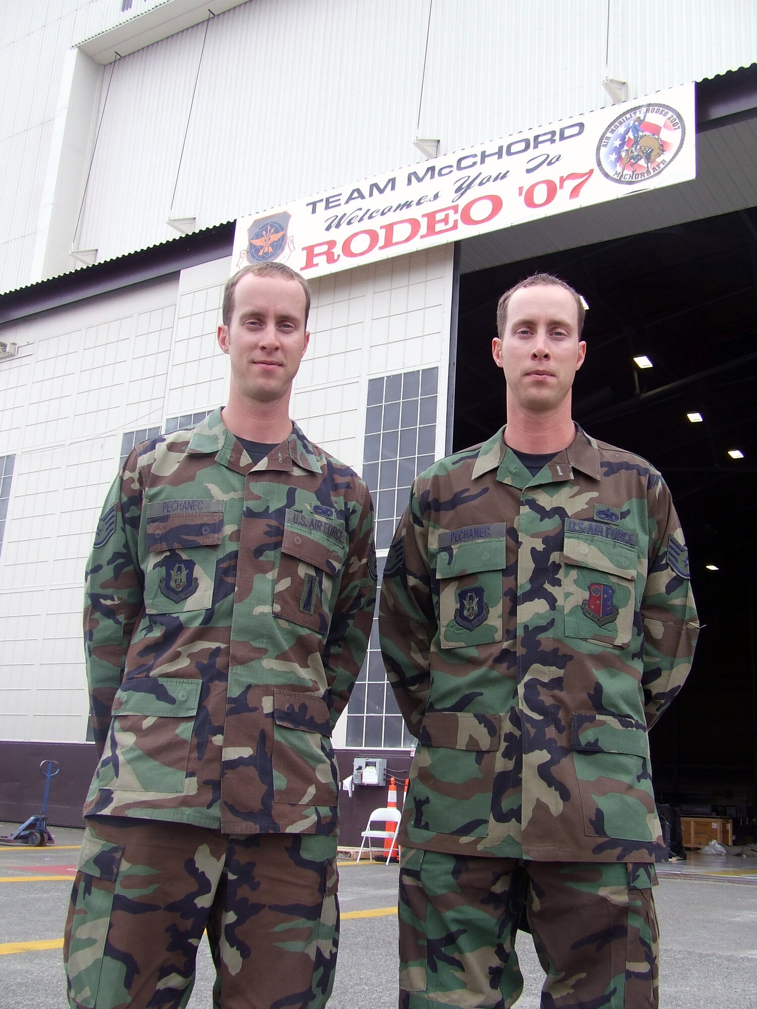 Staff Sgts. Bryan and Brent Pechanec, from the 514th Aircraft Maintenance Squadron and 714th AMXS respectively at McGuire Air Force Base, N.J., are fraternal twins who came to McChord AFB, Wash., for Air Mobility Rodeo 2007.  Bryan is a C-17 Globemaster III crew chief and Brent is a KC-10 crew chief.  Both are also Air Reserve Technicians at McGuire.  (U.S. Air Force Photo/Tech. Sgt. Scott T. Sturkol)