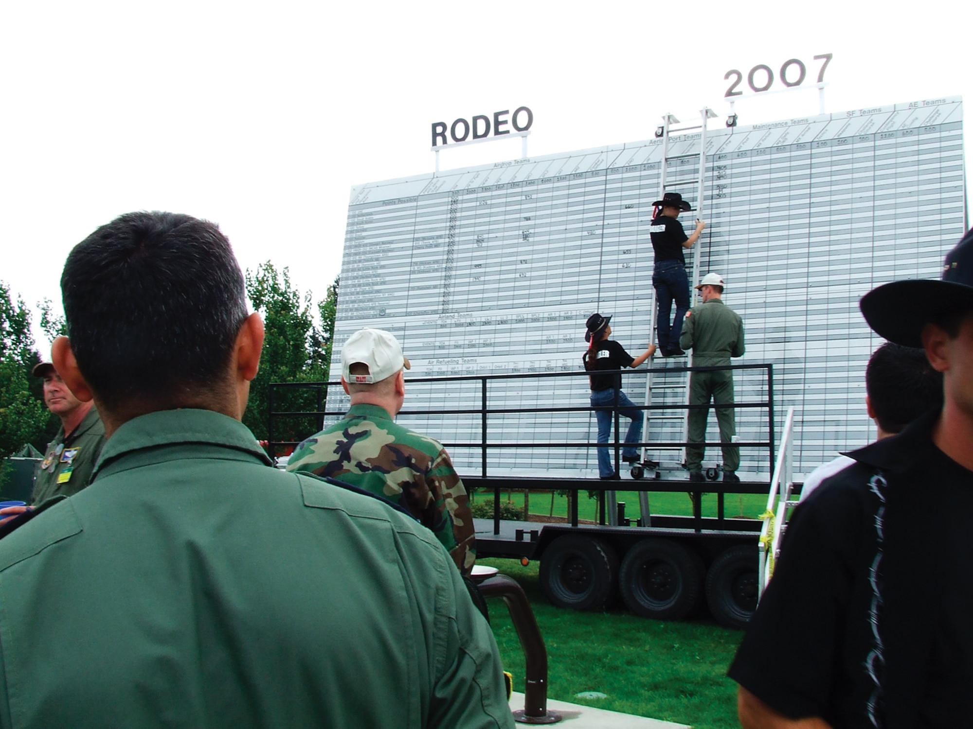 Rodeo wranglers post scores for Rodeo 2007 events at Rainier Ranch Monday.  The scoreboard is updated after each event.