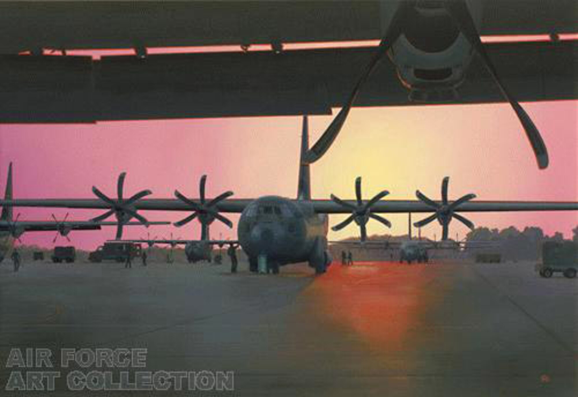 This art piece in the Air Force art collection entitled, "Tarmac Sunrise," was completed by artist Jerry Moore after a visit to Little Rock Air Force Base, Ark. Mr. Moore visited Air Mobility Command Rodeo 2007 at McChord AFB, Wash., to gather images for future paintings and illustrations for the Air Force Art Program. (U.S. Air Force photo)